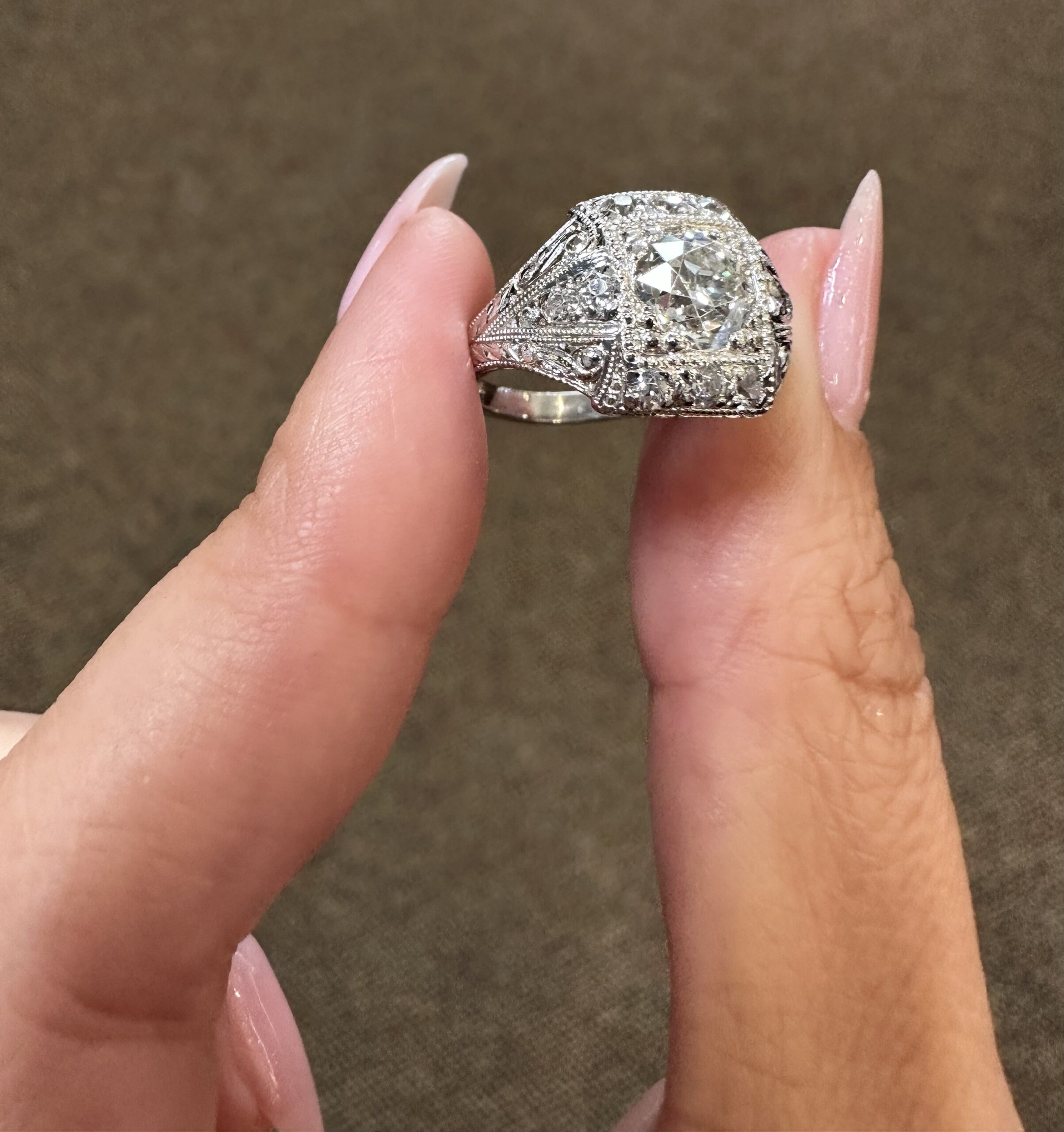 Platinum Antique 1.30 Carat Genuine Old European Cut Diamond Hand-Engraved Ring - Image 5