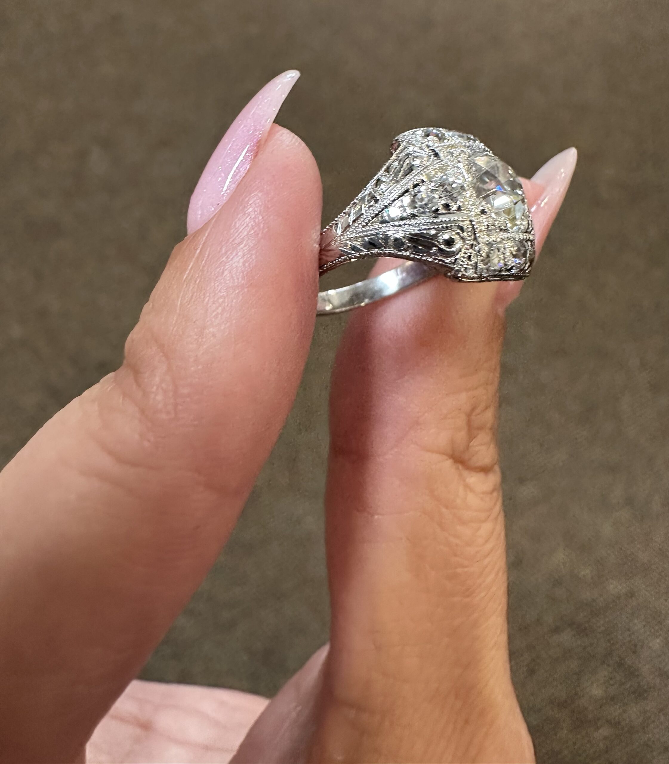 Platinum Antique 1.30 Carat Genuine Old European Cut Diamond Hand-Engraved Ring - Image 6