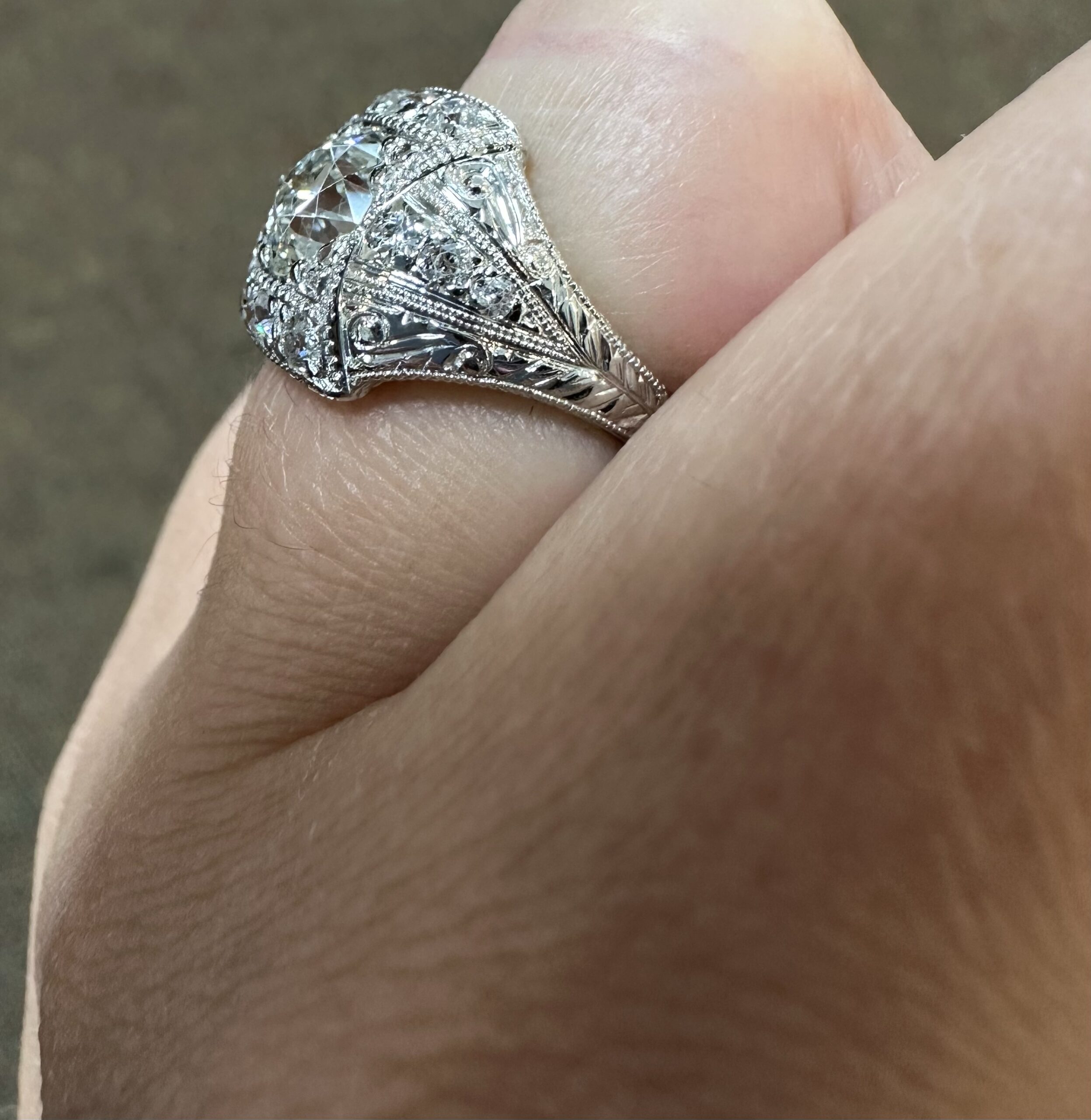 Platinum Antique 1.30 Carat Genuine Old European Cut Diamond Hand-Engraved Ring - Image 12