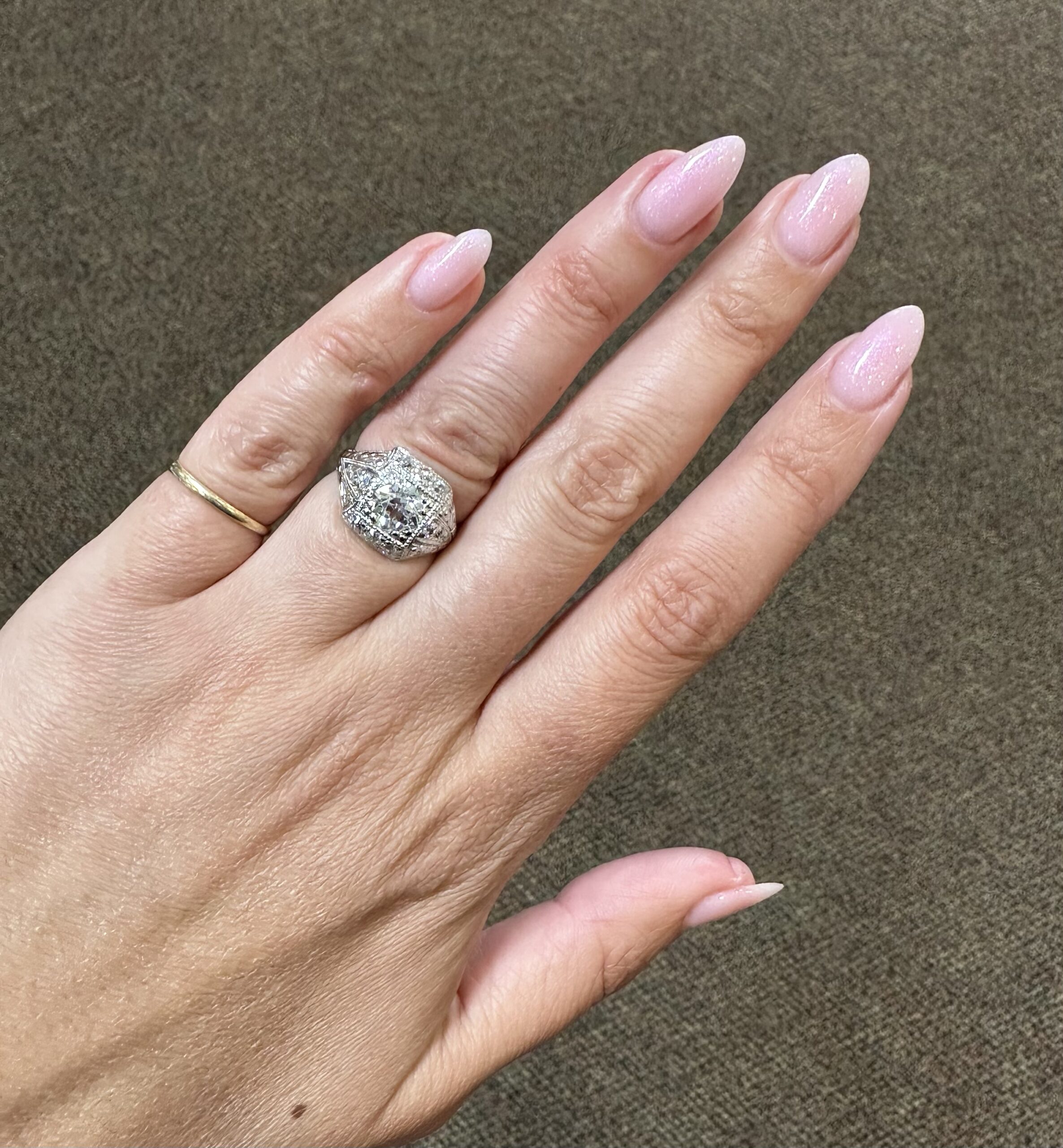 Platinum Antique 1.30 Carat Genuine Old European Cut Diamond Hand-Engraved Ring - Image 17