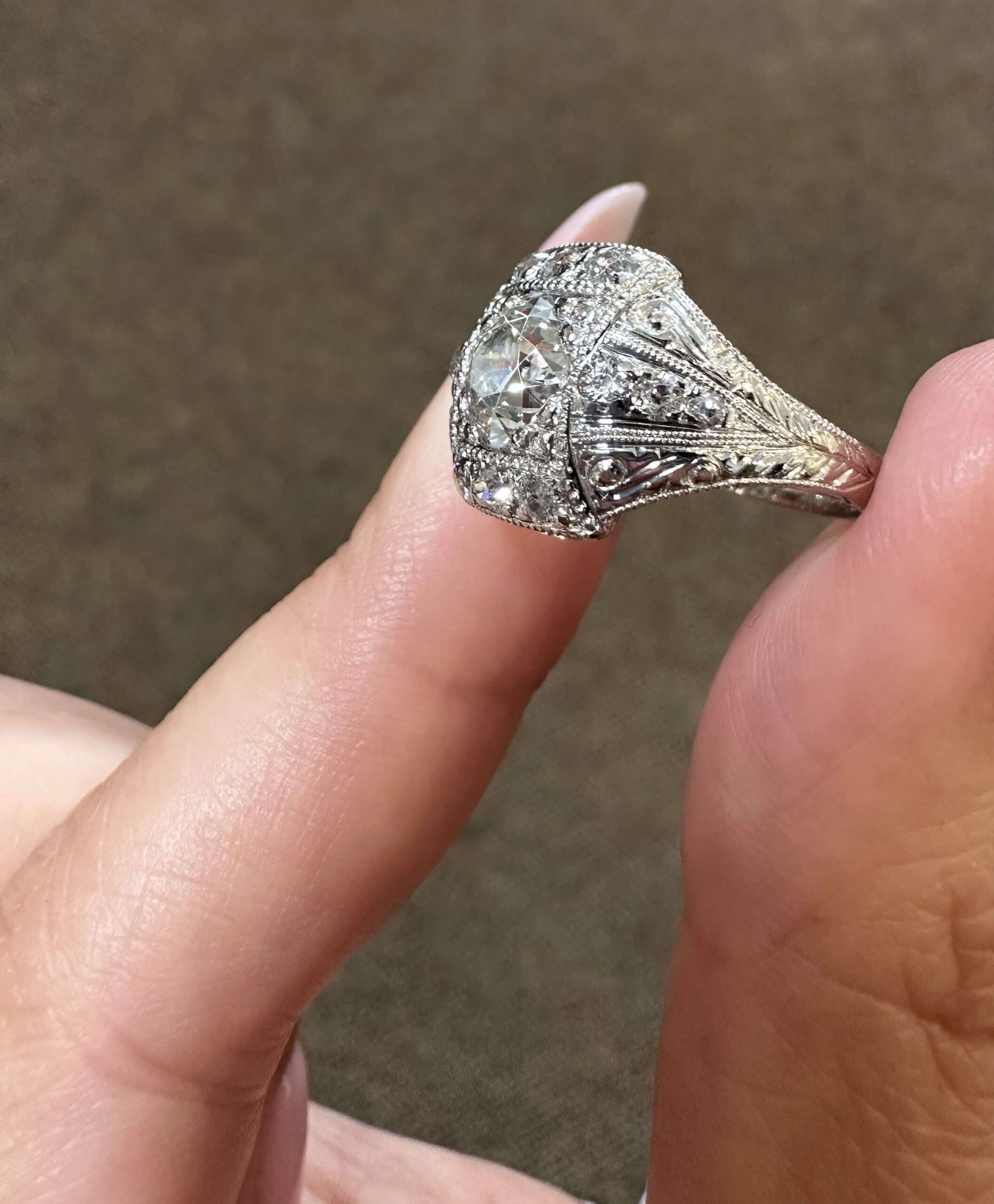 Platinum Antique 1.30 Carat Genuine Old European Cut Diamond Hand-Engraved Ring - Image 30