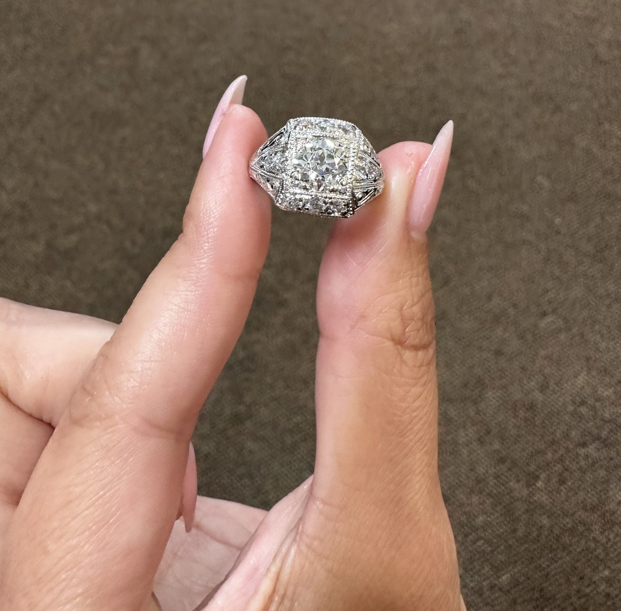 Platinum Antique 1.30 Carat Genuine Old European Cut Diamond Hand-Engraved Ring - Image 35