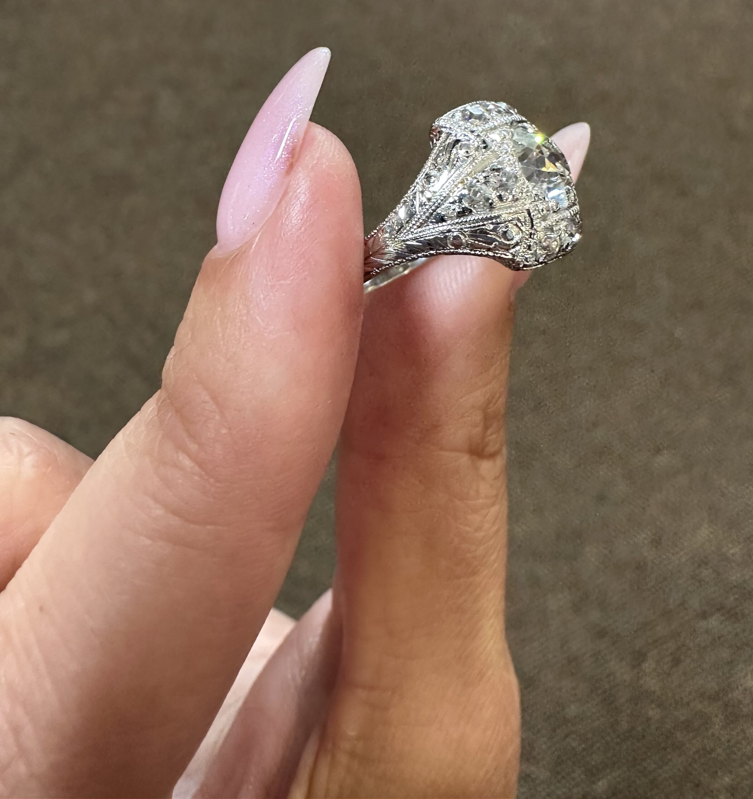 Platinum Antique 1.30 Carat Genuine Old European Cut Diamond Hand-Engraved Ring - Image 40