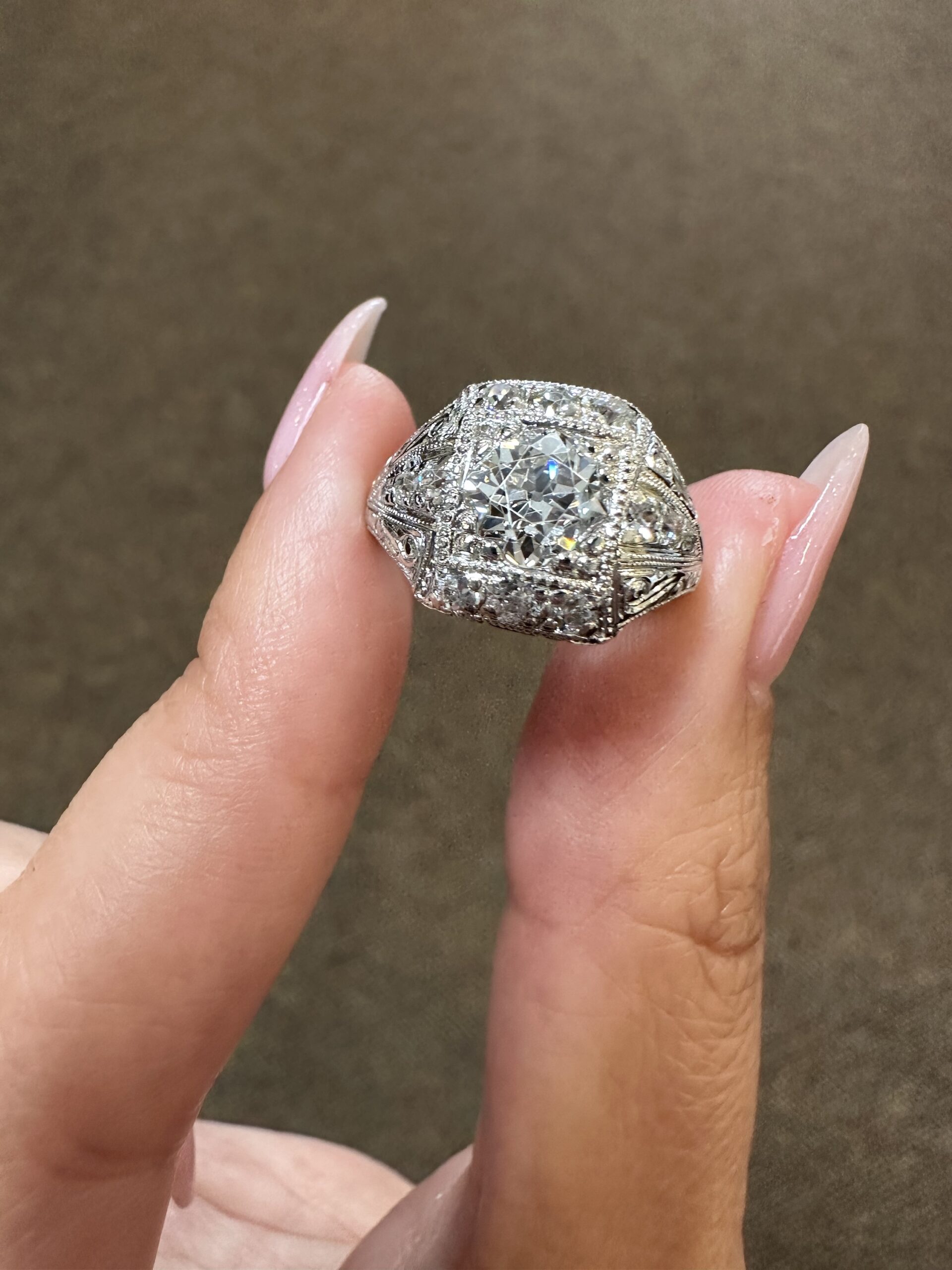 Platinum Antique 1.30 Carat Genuine Old European Cut Diamond Hand-Engraved Ring - Image 43