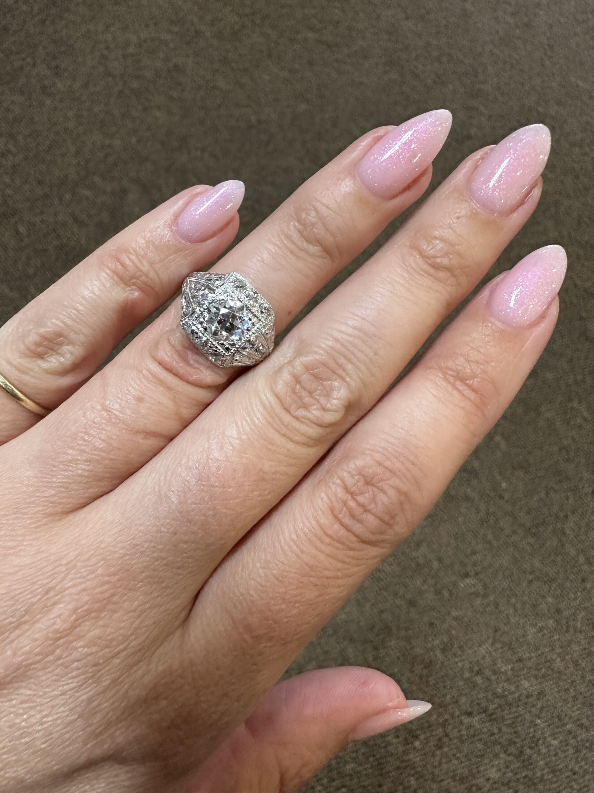 Platinum Antique 1.30 Carat Genuine Old European Cut Diamond Hand-Engraved Ring - Image 50