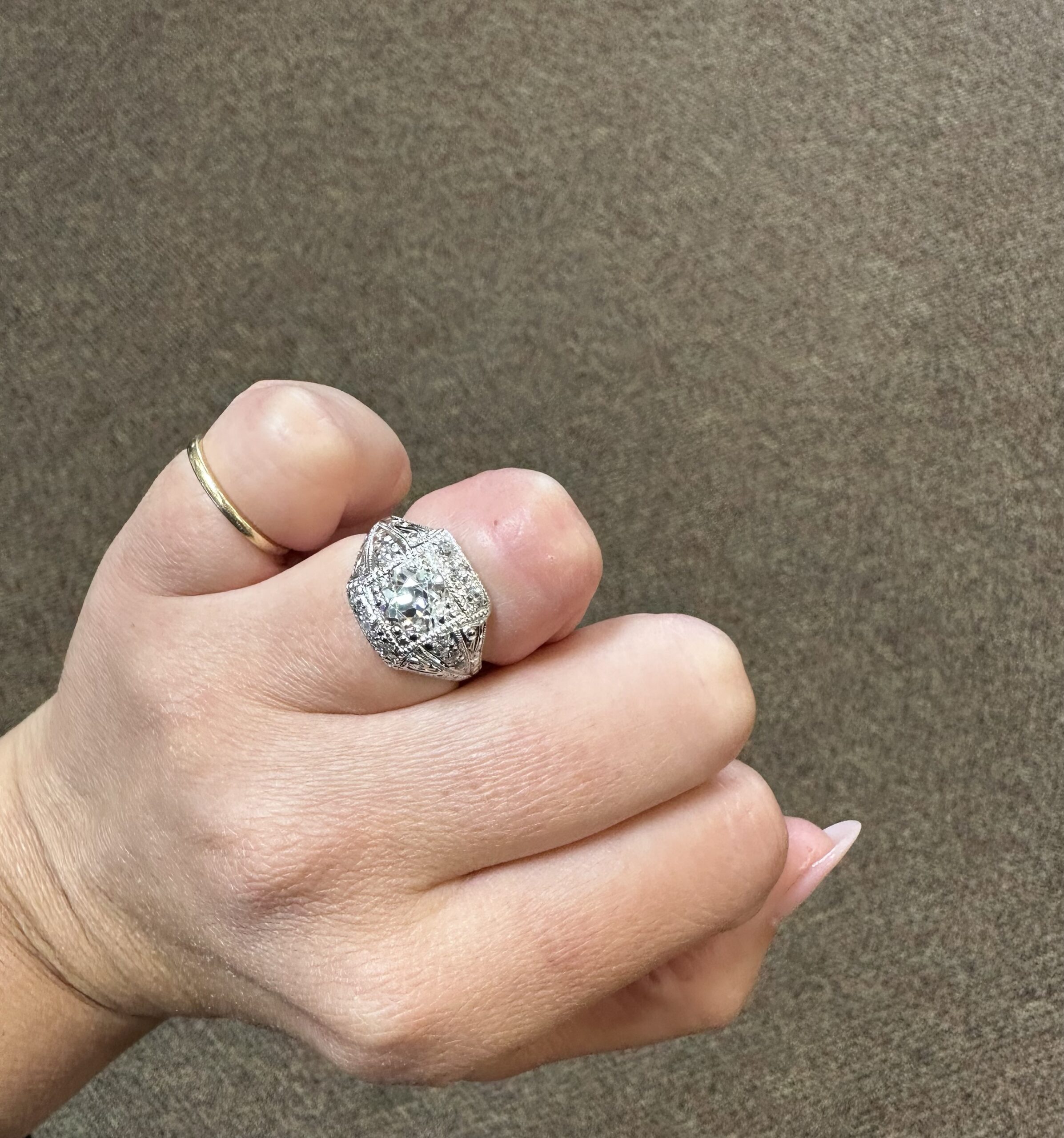 Platinum Antique 1.30 Carat Genuine Old European Cut Diamond Hand-Engraved Ring - Image 57