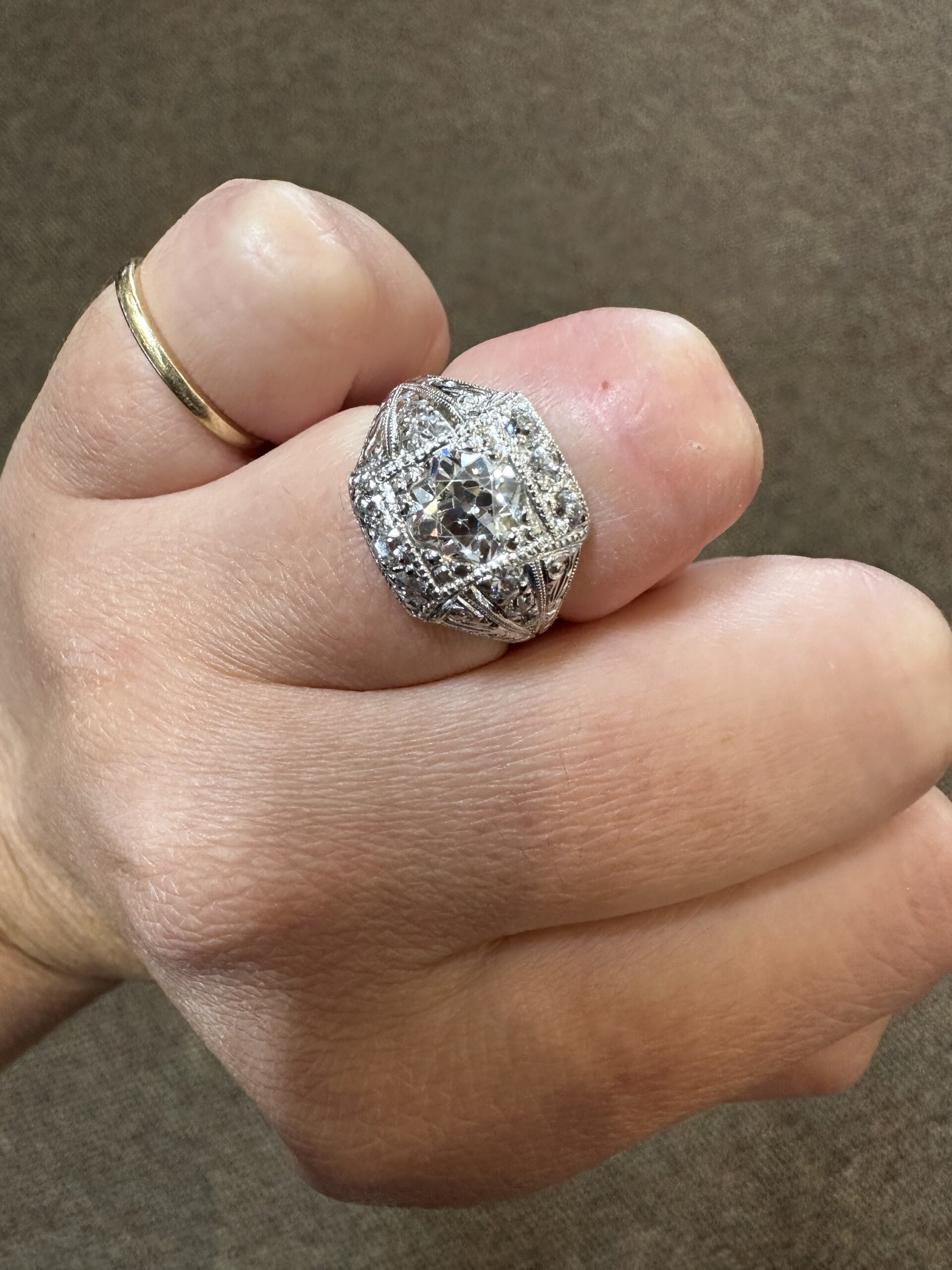 Platinum Antique 1.30 Carat Genuine Old European Cut Diamond Hand-Engraved Ring - Image 59