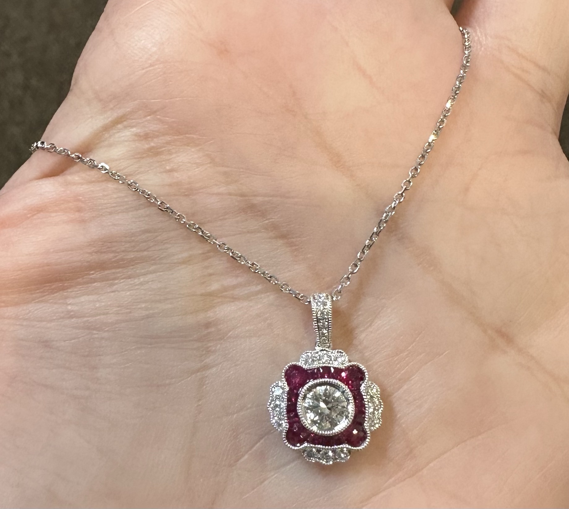 14k White Gold Genuine .38 Cttw Round Brilliant Cut Diamond & .47 Cttw Ruby Cluster Pendant - Image 22