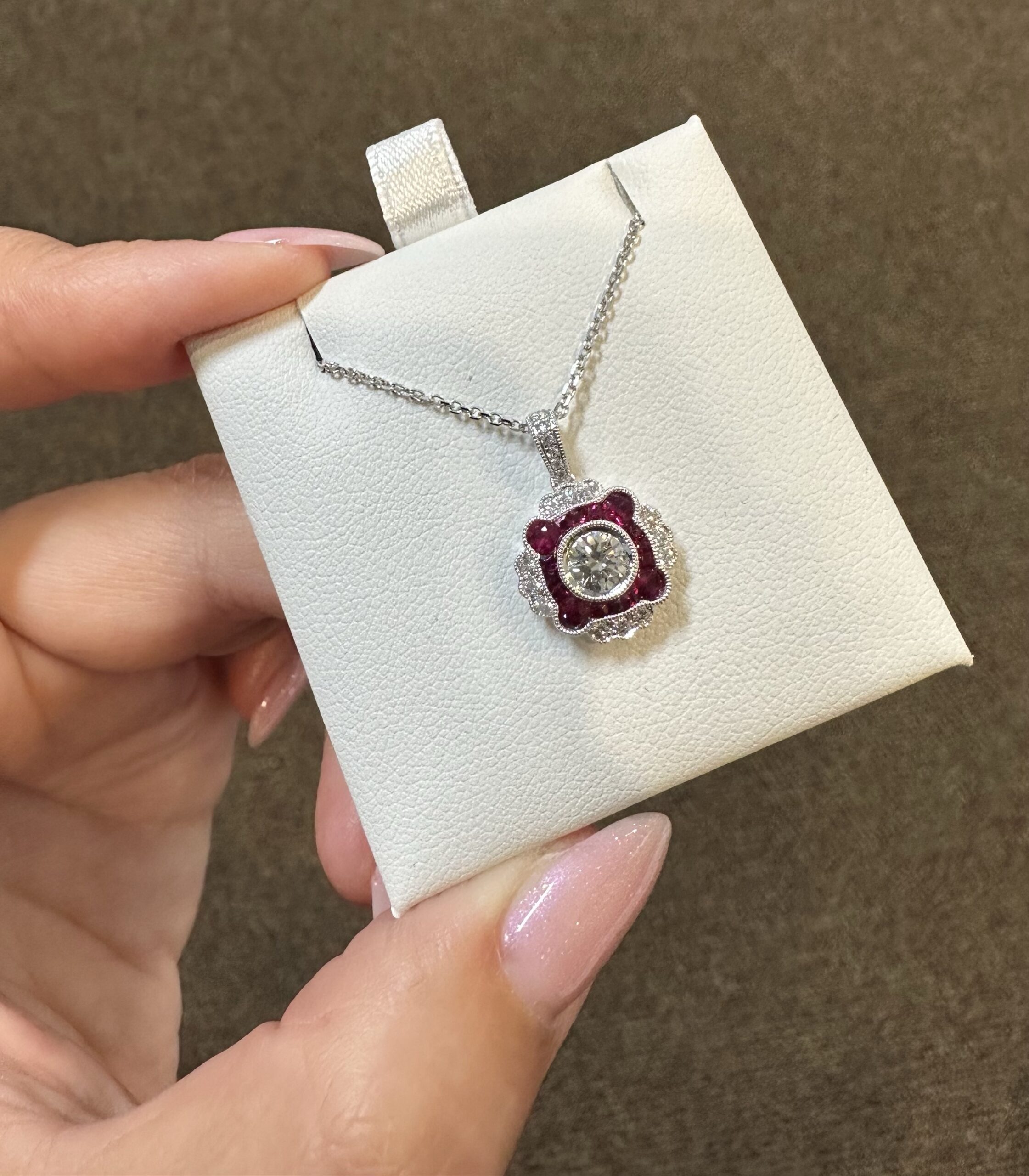 14k White Gold Genuine .38 Cttw Round Brilliant Cut Diamond & .47 Cttw Ruby Cluster Pendant - Image 20