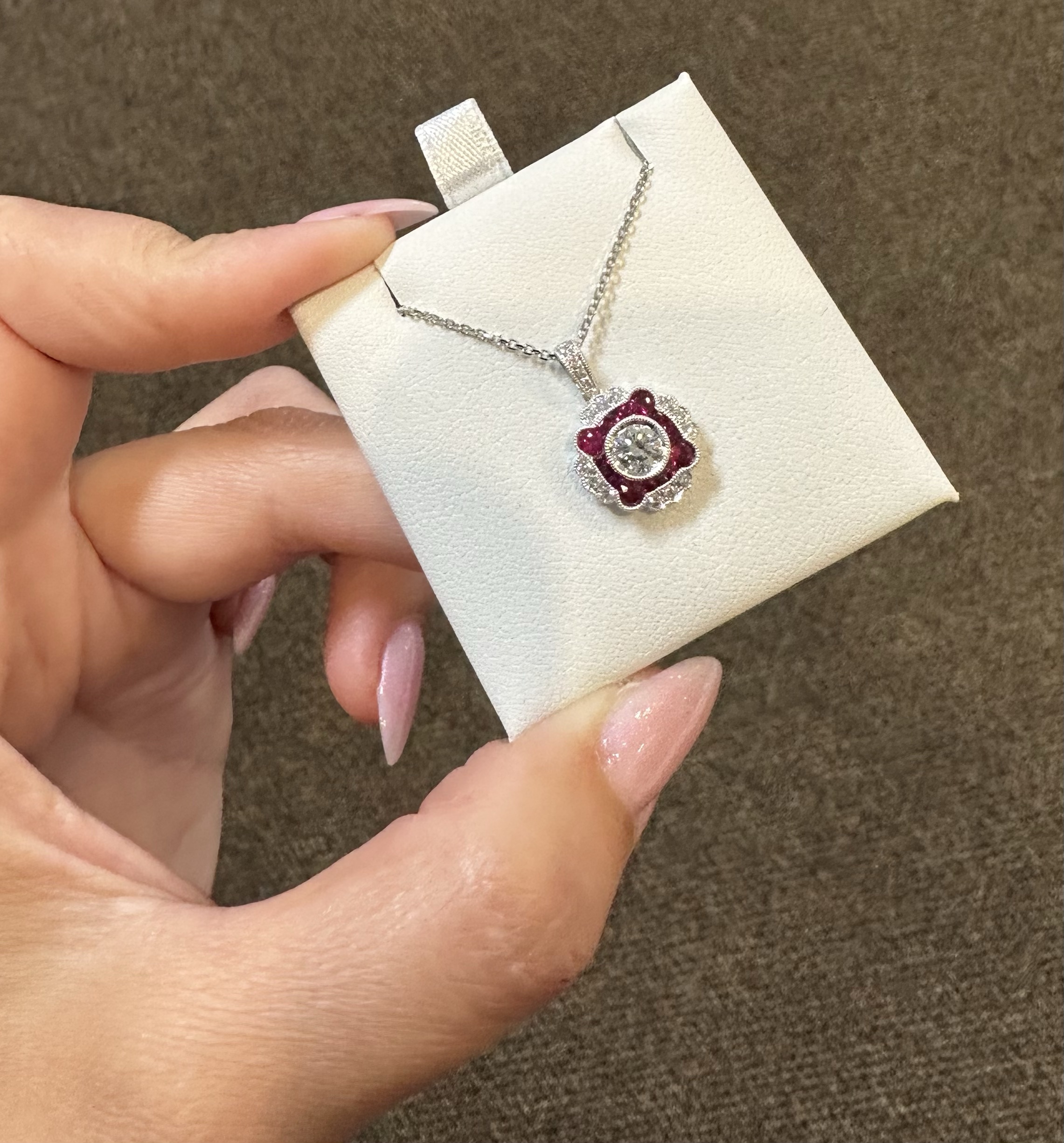 14k White Gold Genuine .38 Cttw Round Brilliant Cut Diamond & .47 Cttw Ruby Cluster Pendant - Image 19