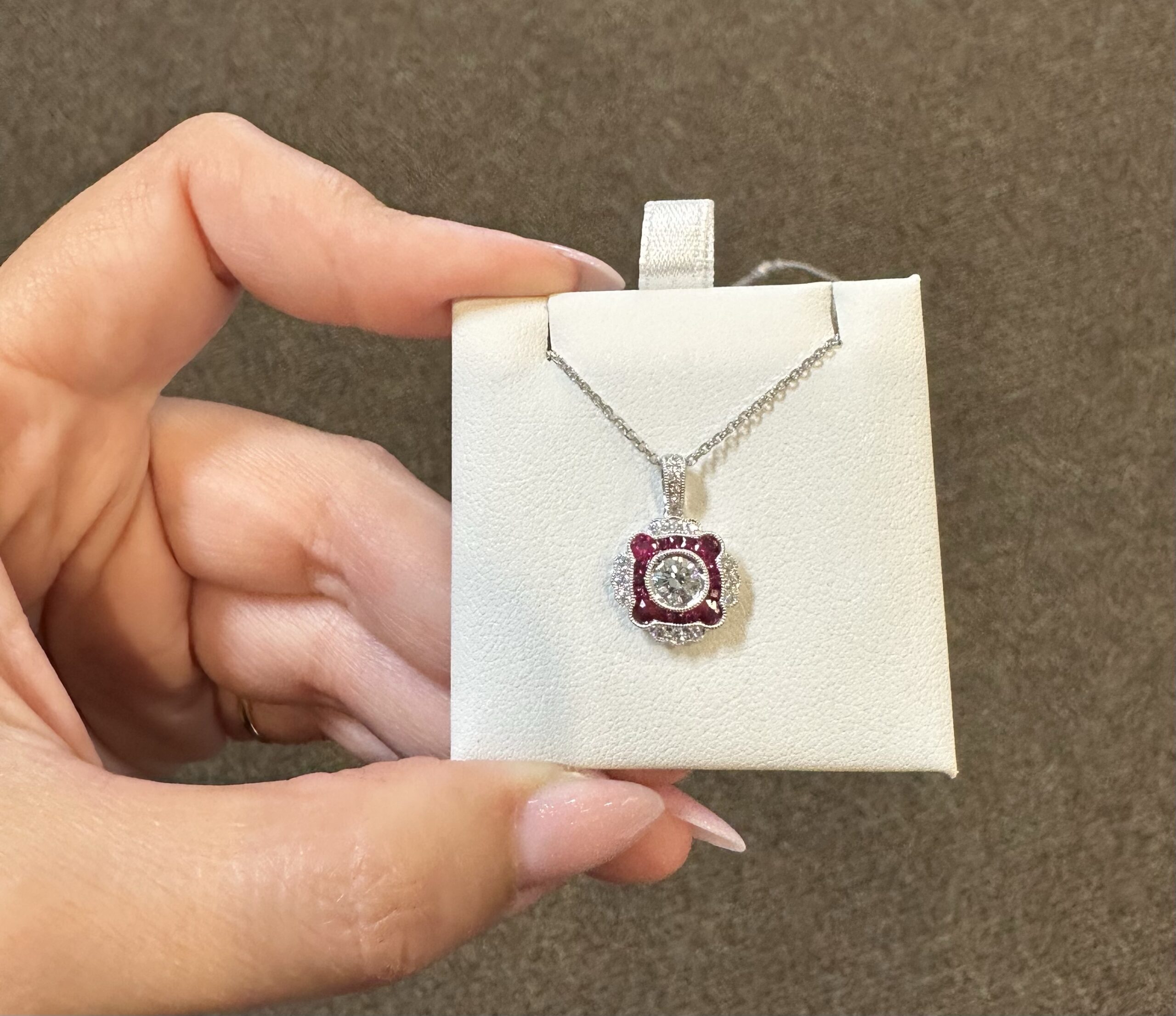 14k White Gold Genuine .38 Cttw Round Brilliant Cut Diamond & .47 Cttw Ruby Cluster Pendant - Image 17