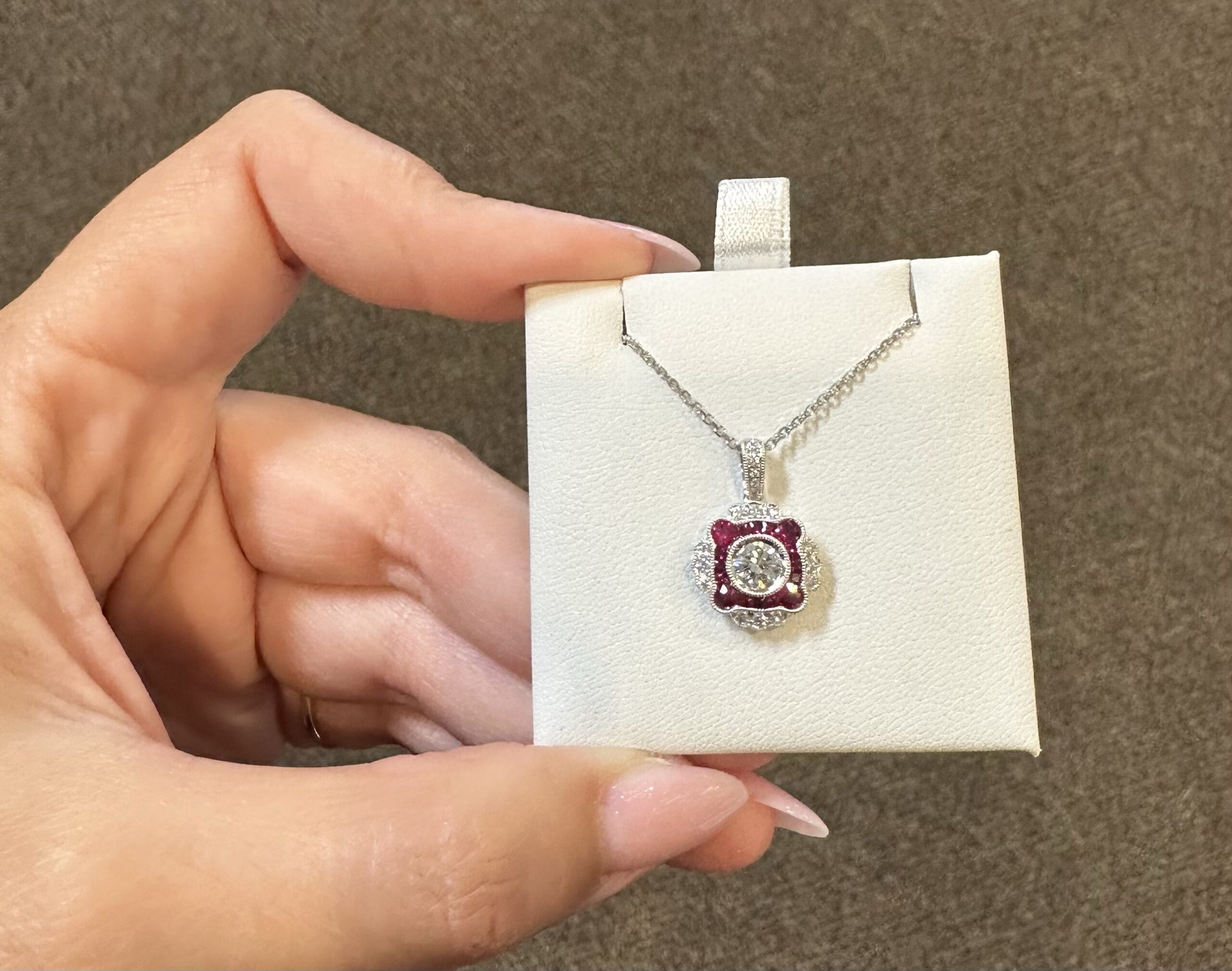 14k White Gold Genuine .38 Cttw Round Brilliant Cut Diamond & .47 Cttw Ruby Cluster Pendant - Image 16