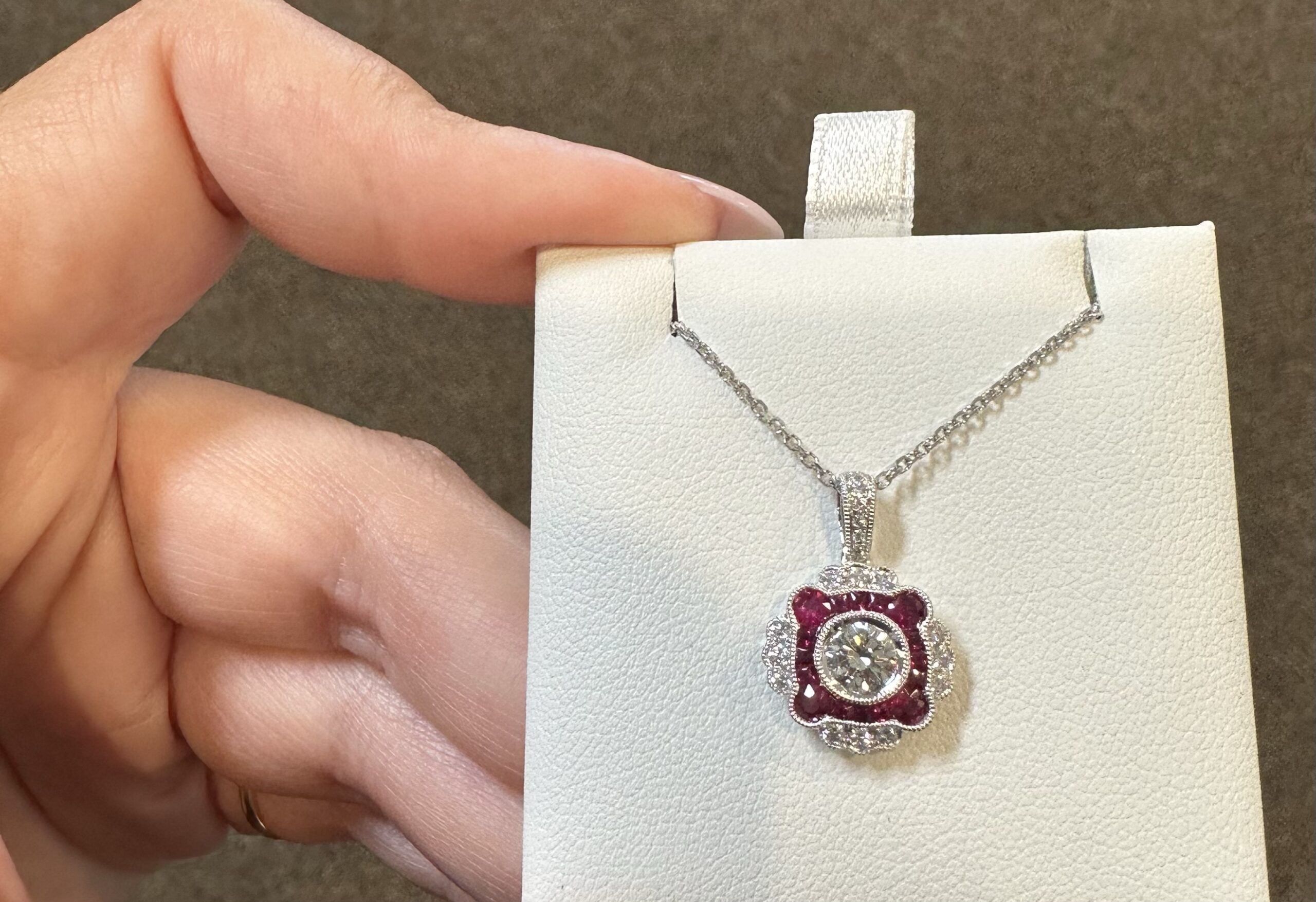 14k White Gold Genuine .38 Cttw Round Brilliant Cut Diamond & .47 Cttw Ruby Cluster Pendant - Image 14