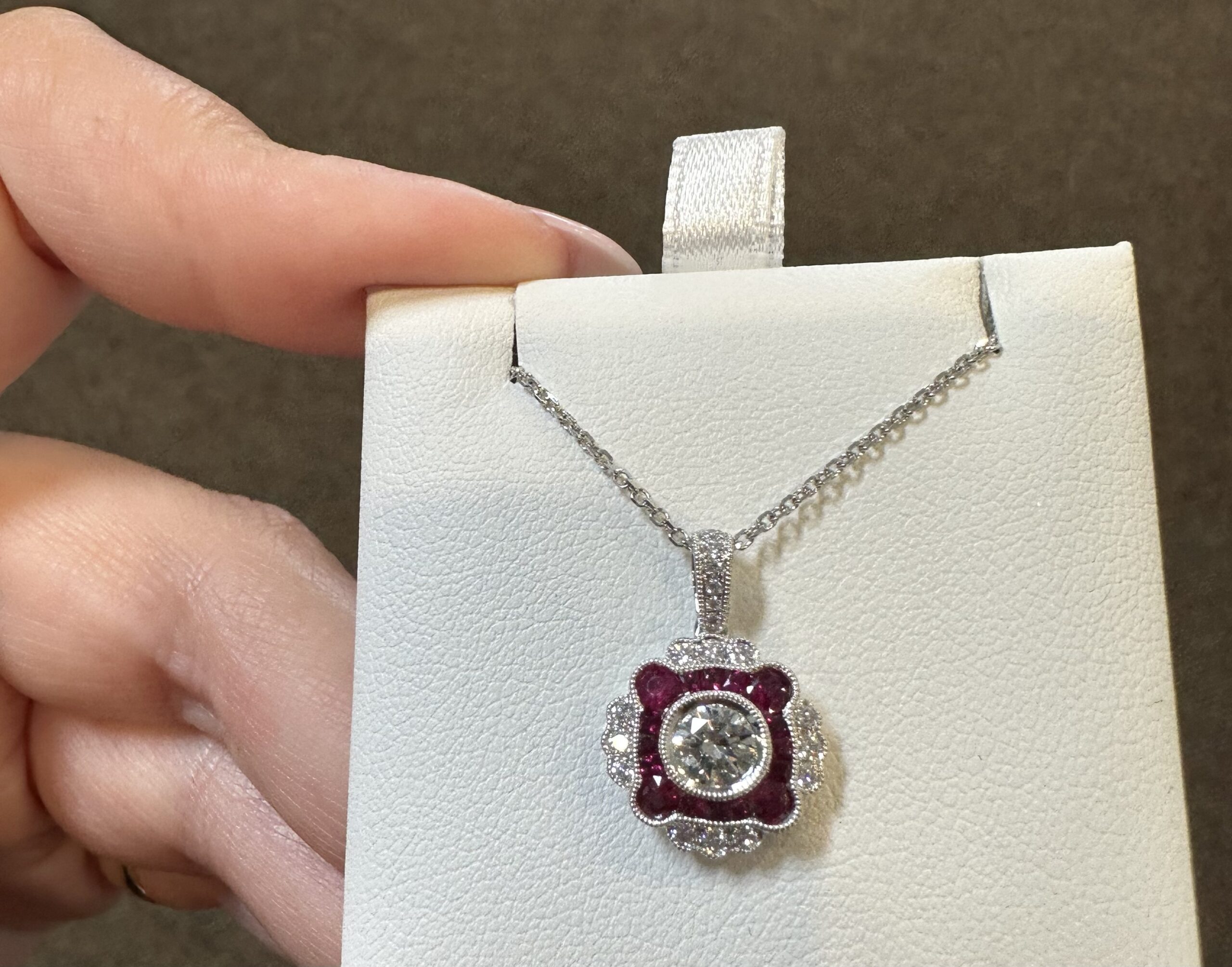 14k White Gold Genuine .38 Cttw Round Brilliant Cut Diamond & .47 Cttw Ruby Cluster Pendant - Image 13