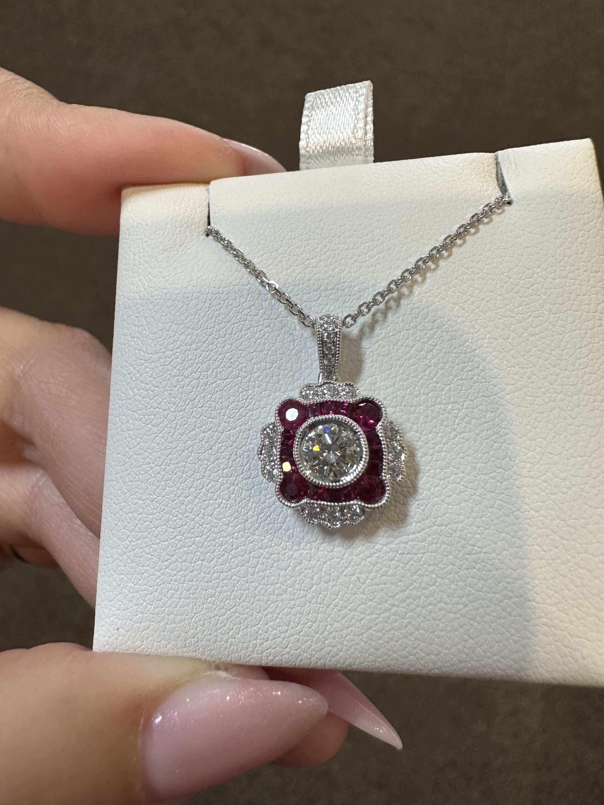 14k White Gold Genuine .38 Cttw Round Brilliant Cut Diamond & .47 Cttw Ruby Cluster Pendant - Image 12