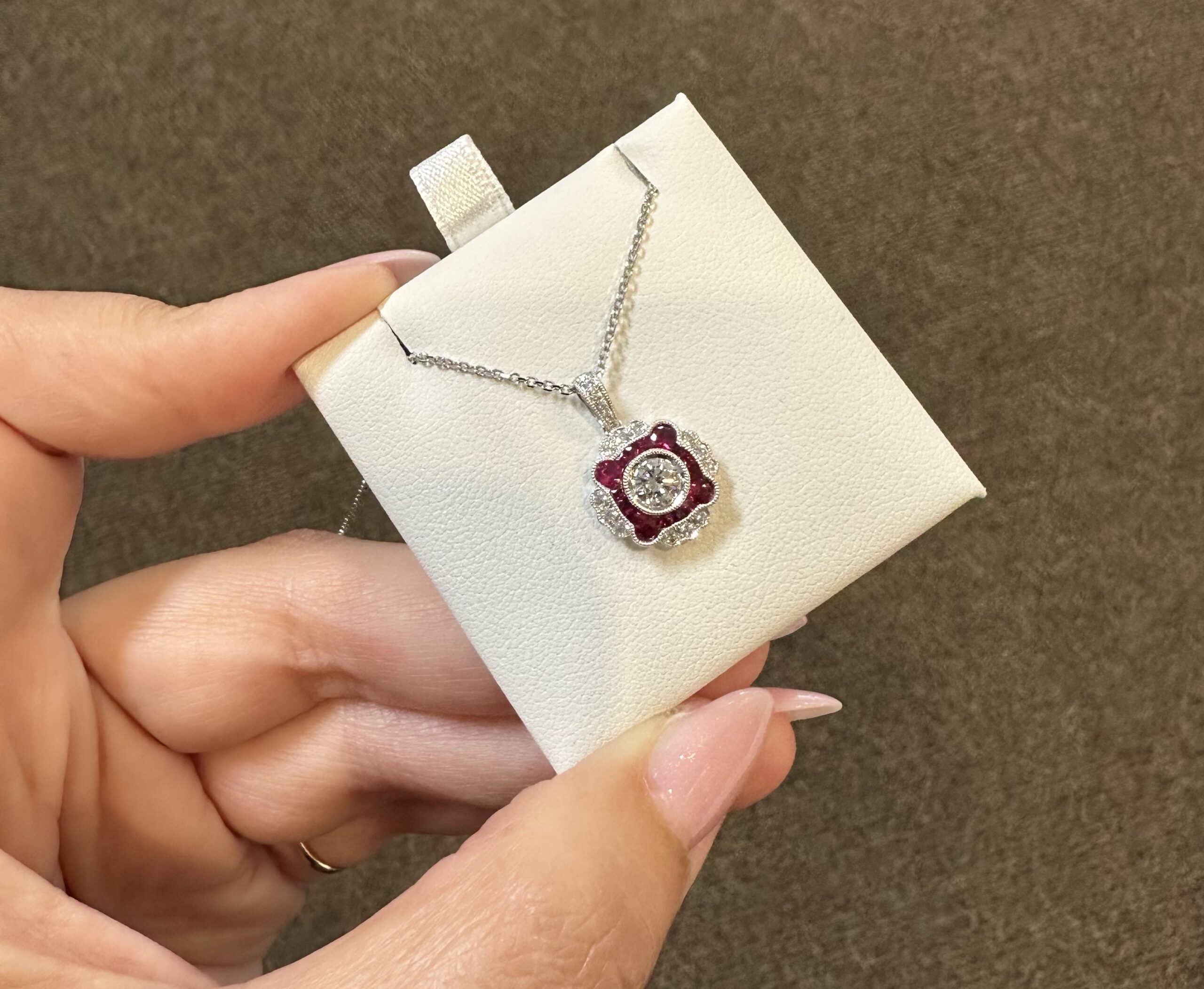 14k White Gold Genuine .38 Cttw Round Brilliant Cut Diamond & .47 Cttw Ruby Cluster Pendant - Image 11