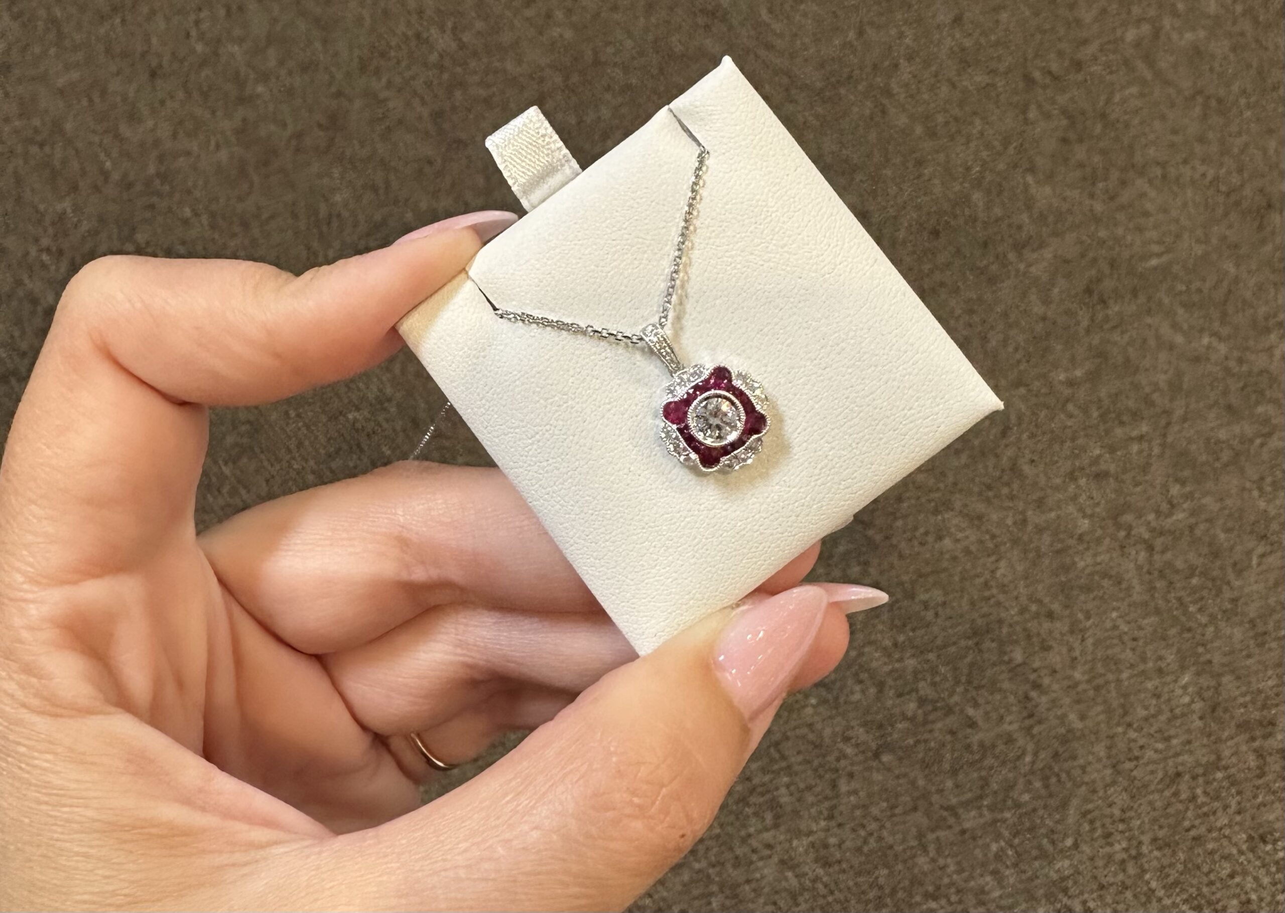 14k White Gold Genuine .38 Cttw Round Brilliant Cut Diamond & .47 Cttw Ruby Cluster Pendant - Image 9
