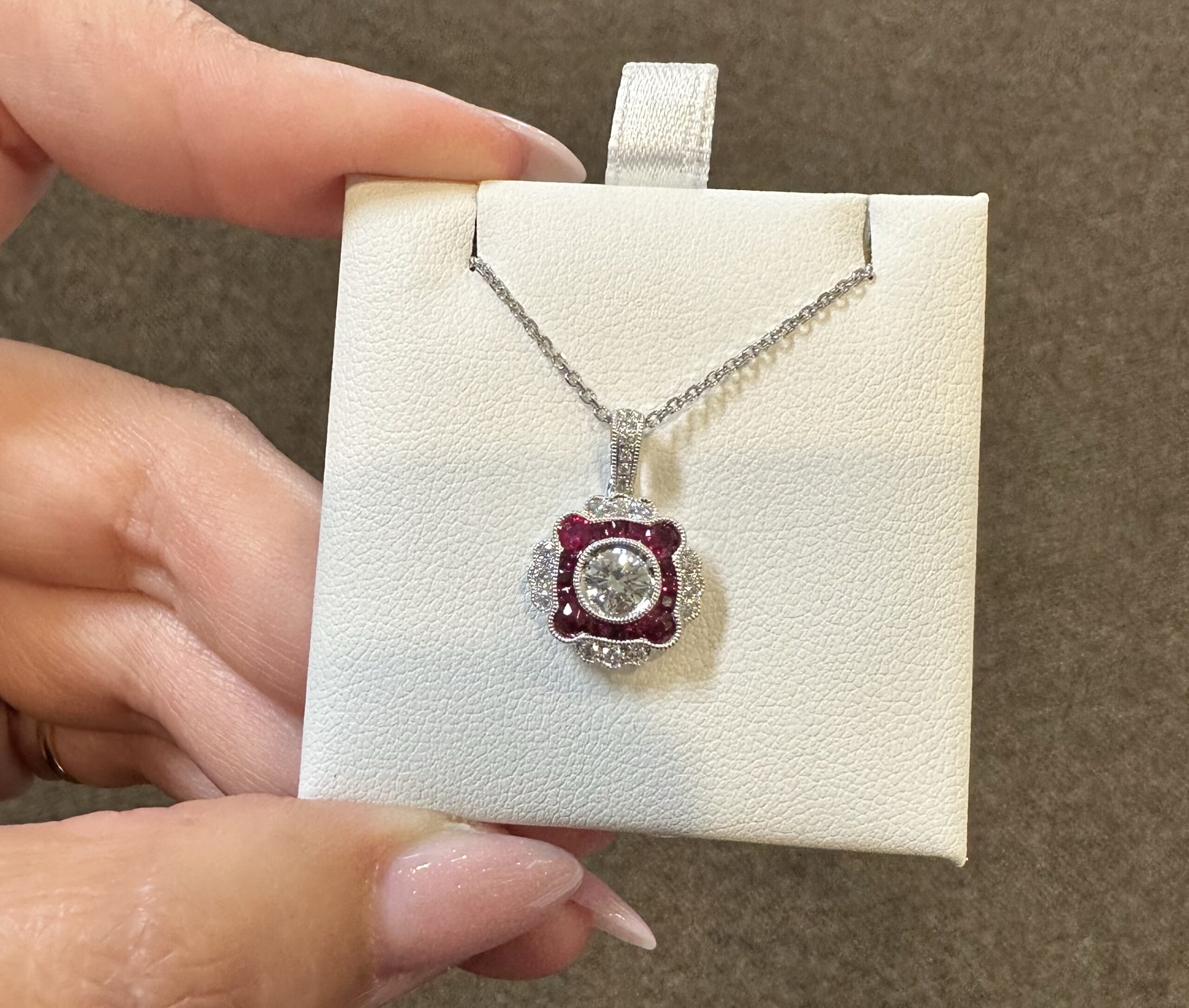 14k White Gold Genuine .38 Cttw Round Brilliant Cut Diamond & .47 Cttw Ruby Cluster Pendant - Image 7