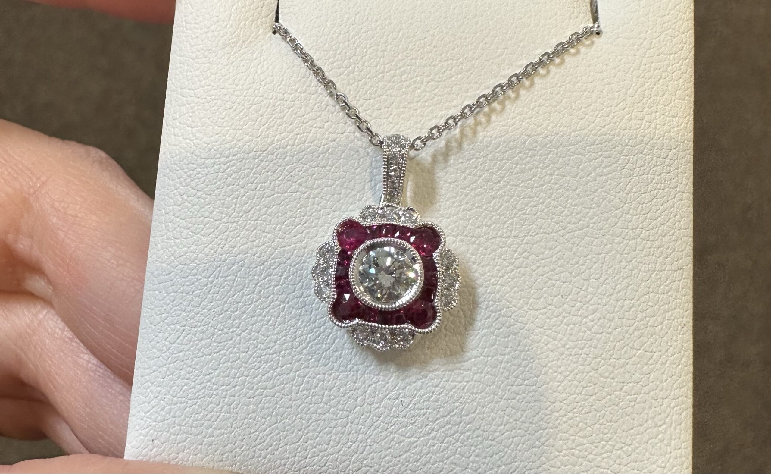 14k White Gold Genuine .38 Cttw Round Brilliant Cut Diamond & .47 Cttw Ruby Cluster Pendant - Image 6