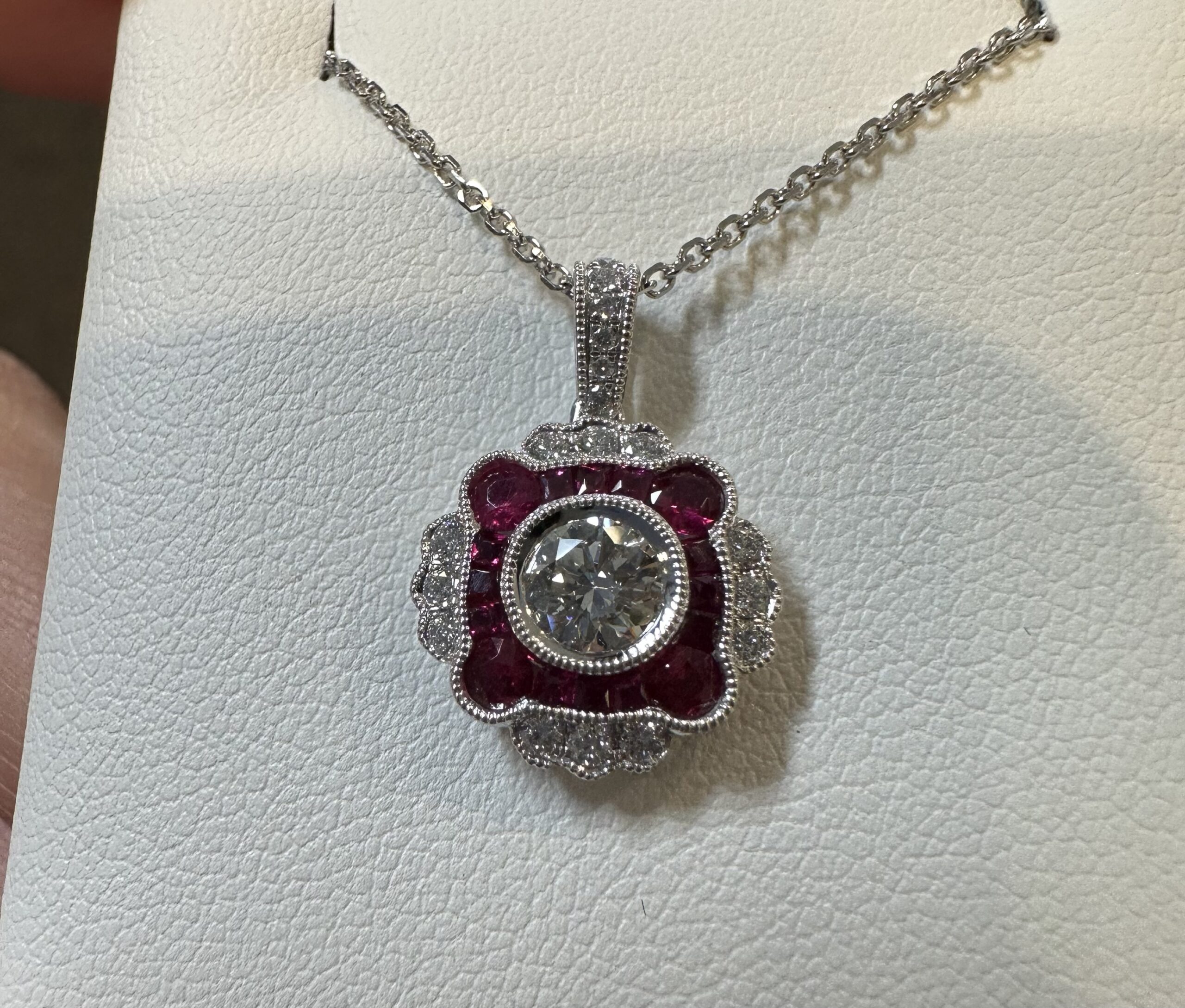 14k White Gold Genuine .38 Cttw Round Brilliant Cut Diamond & .47 Cttw Ruby Cluster Pendant - Image 4