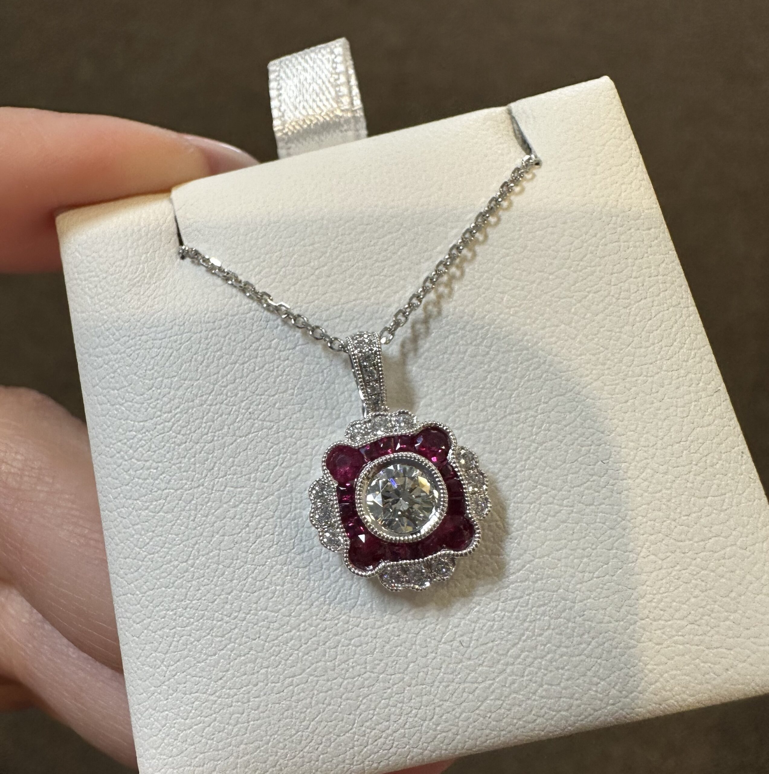 14k White Gold Genuine .38 Cttw Round Brilliant Cut Diamond & .47 Cttw Ruby Cluster Pendant - Image 3