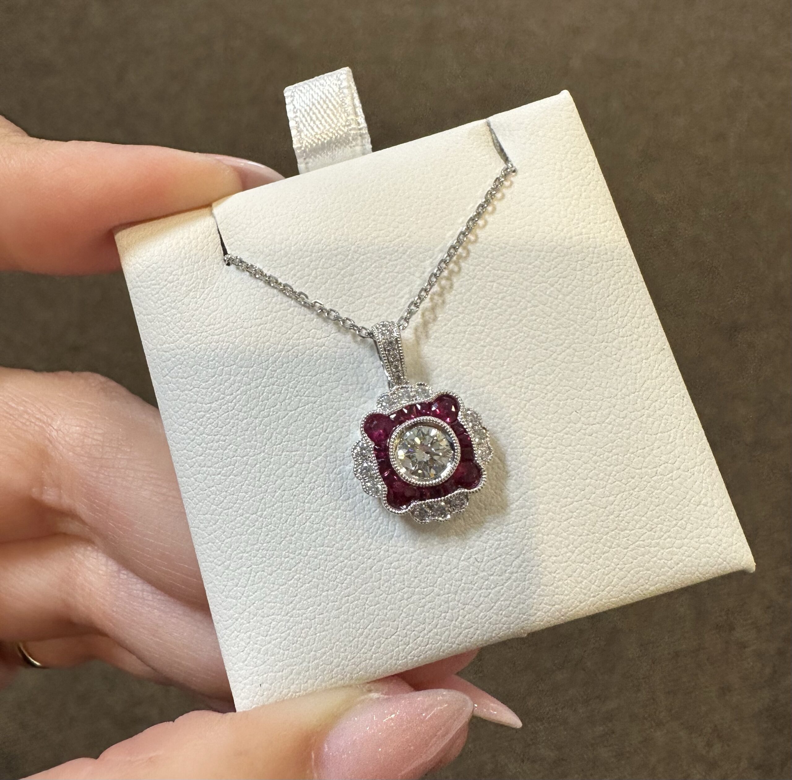 14k White Gold Genuine .38 Cttw Round Brilliant Cut Diamond & .47 Cttw Ruby Cluster Pendant - Image 2