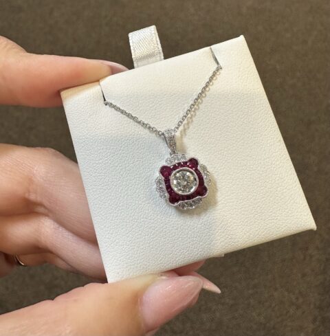 14k White Gold Genuine .38 Cttw Round Brilliant Cut Diamond & .47 Cttw Ruby Cluster Pendant