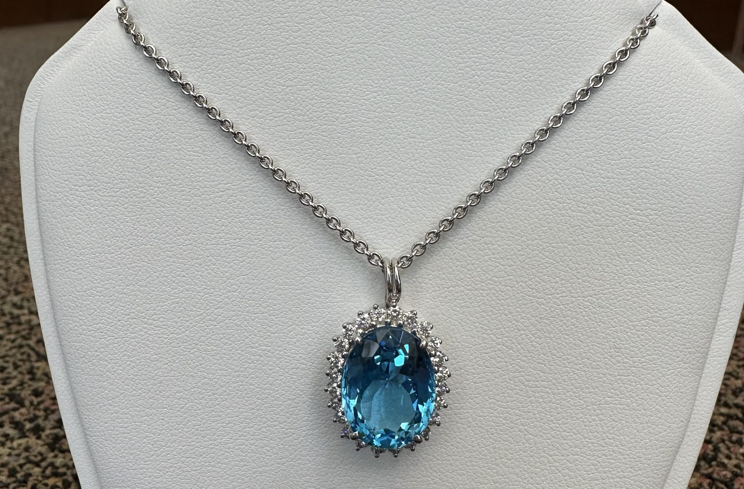 18k White Gold Genuine Blue Topaz & 3/4 Cttw Round Brilliant Cut Diamond Cluster Pendant - Image 24