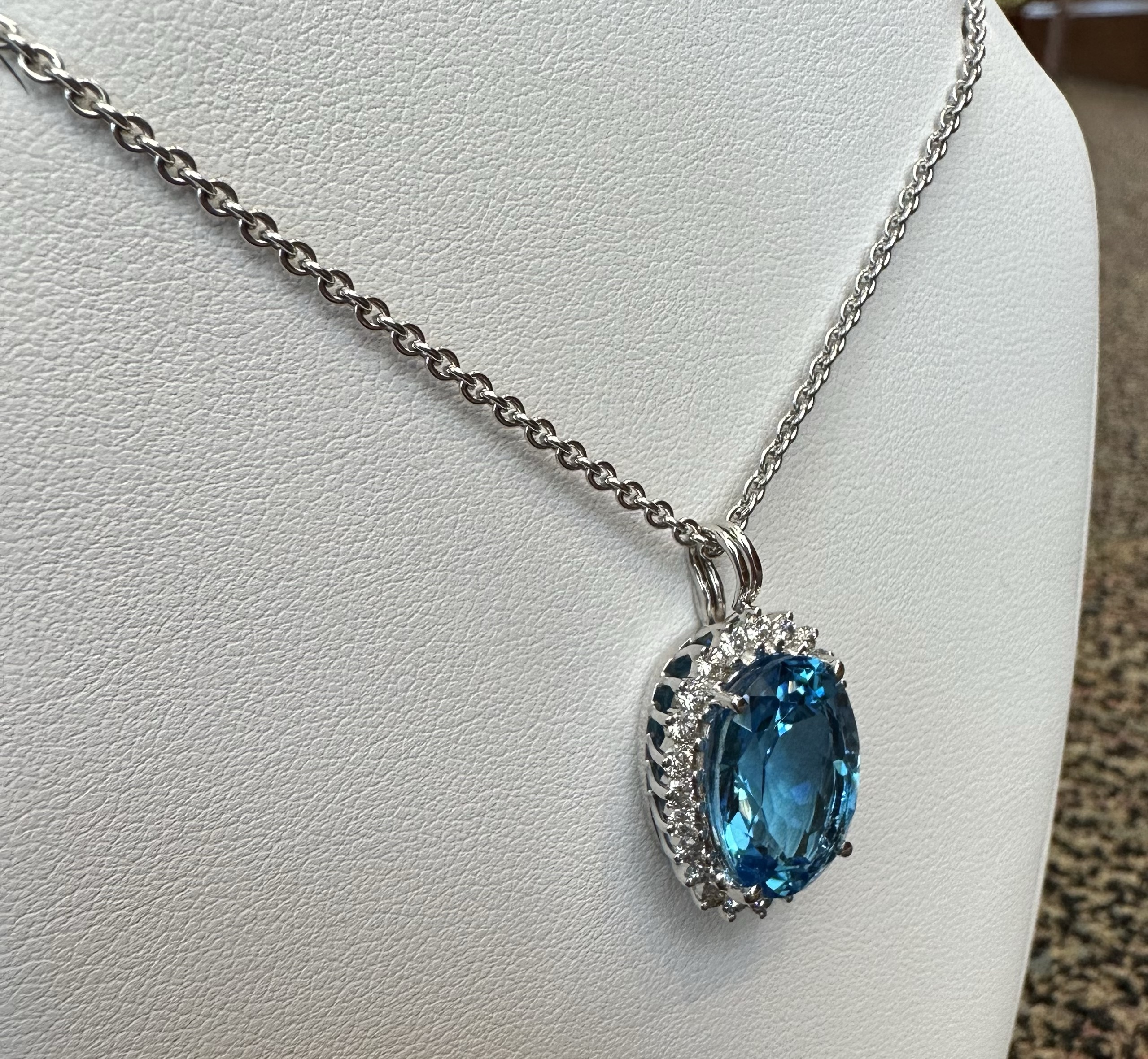18k White Gold Genuine Blue Topaz & 3/4 Cttw Round Brilliant Cut Diamond Cluster Pendant - Image 22