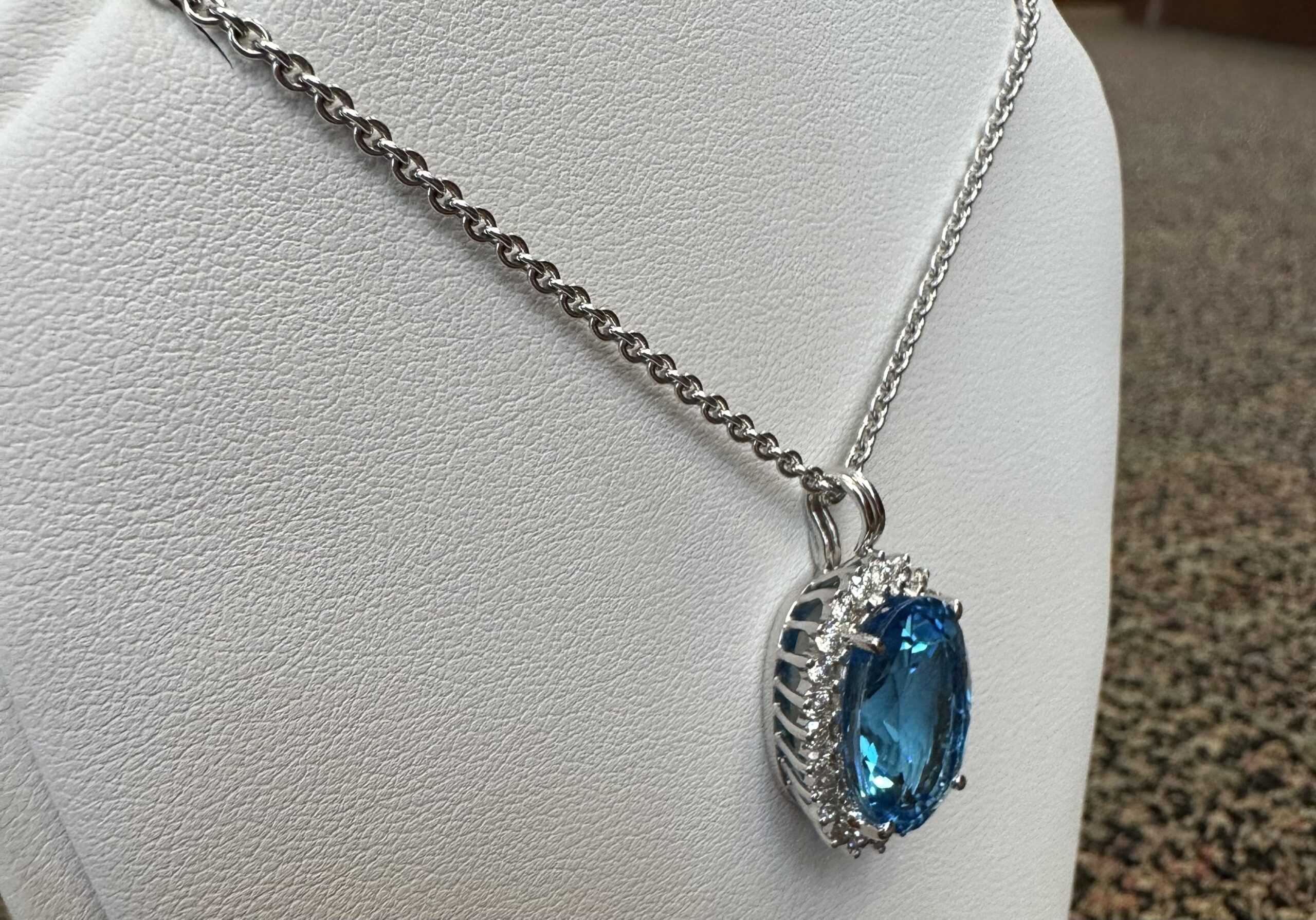 18k White Gold Genuine Blue Topaz & 3/4 Cttw Round Brilliant Cut Diamond Cluster Pendant - Image 20