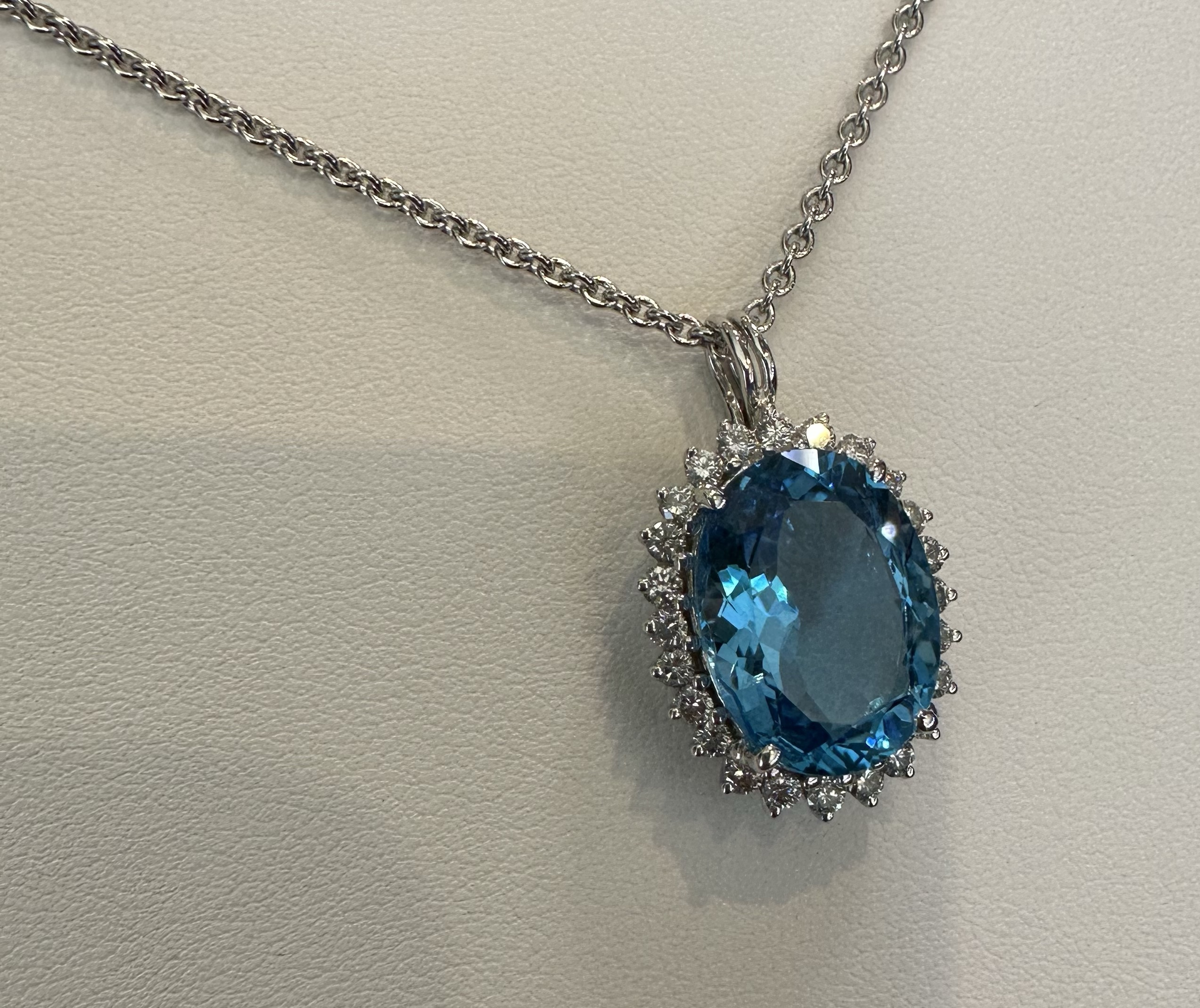 18k White Gold Genuine Blue Topaz & 3/4 Cttw Round Brilliant Cut Diamond Cluster Pendant - Image 15