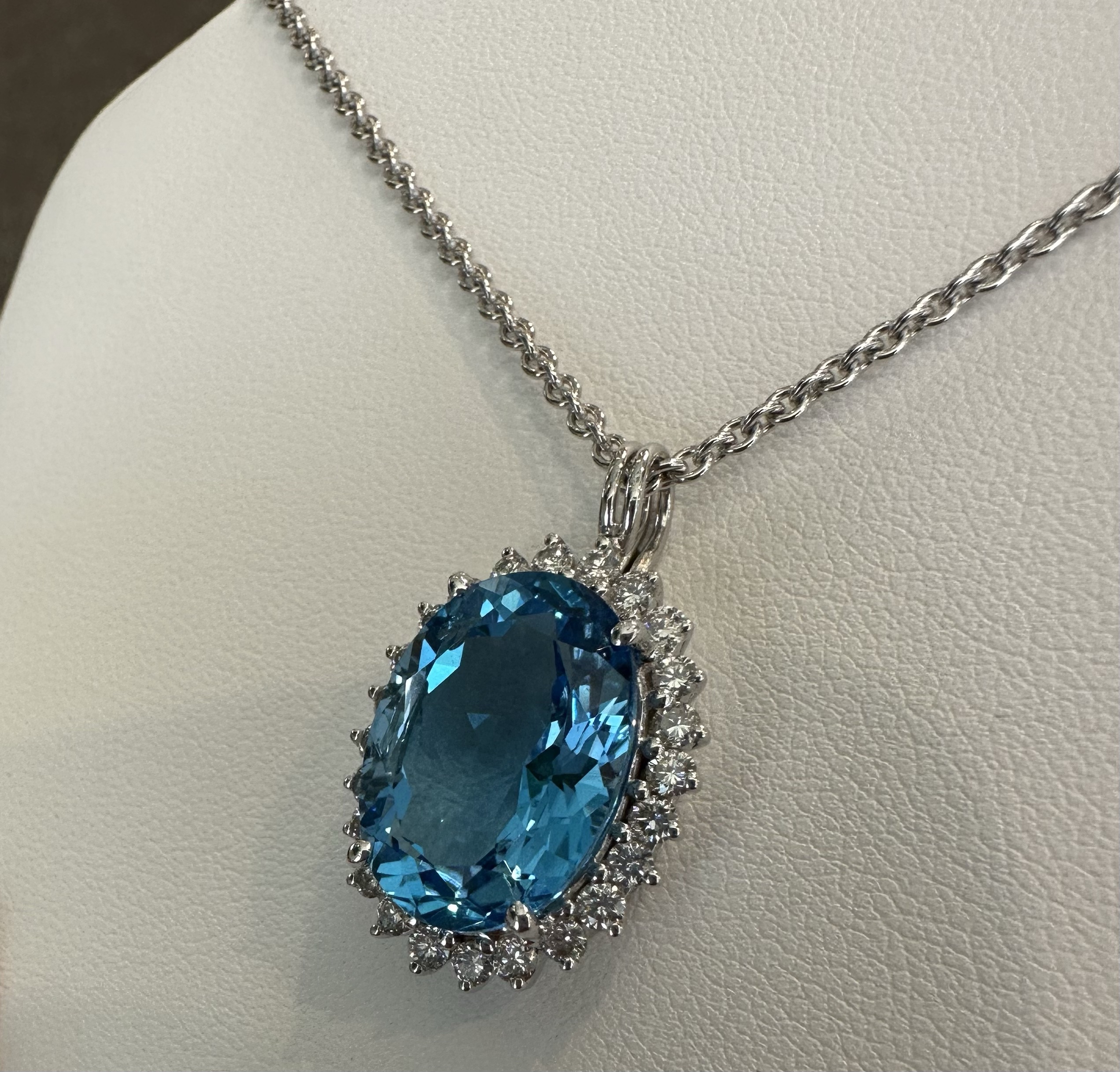 18k White Gold Genuine Blue Topaz & 3/4 Cttw Round Brilliant Cut Diamond Cluster Pendant - Image 13