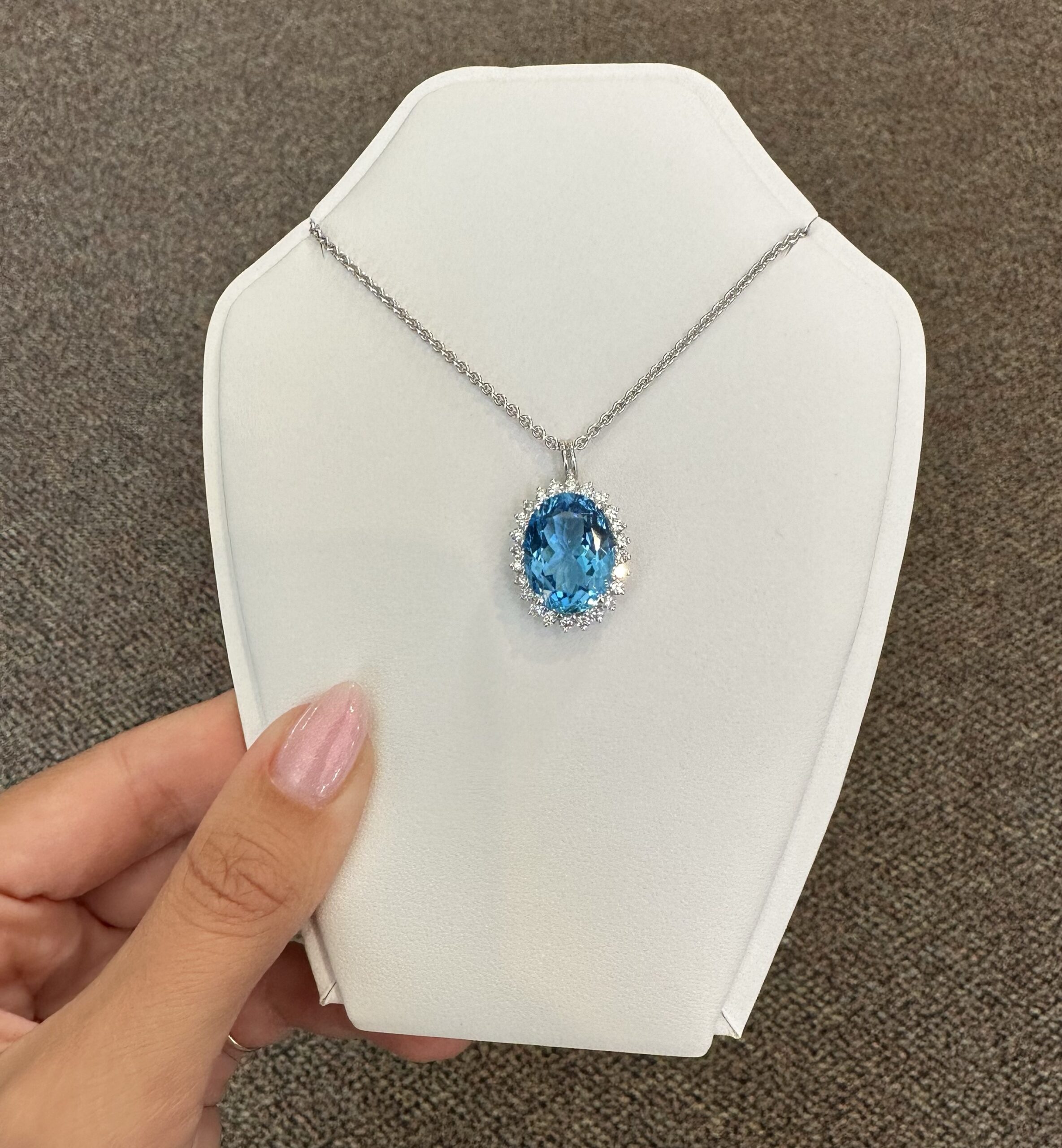 18k White Gold Genuine Blue Topaz & 3/4 Cttw Round Brilliant Cut Diamond Cluster Pendant