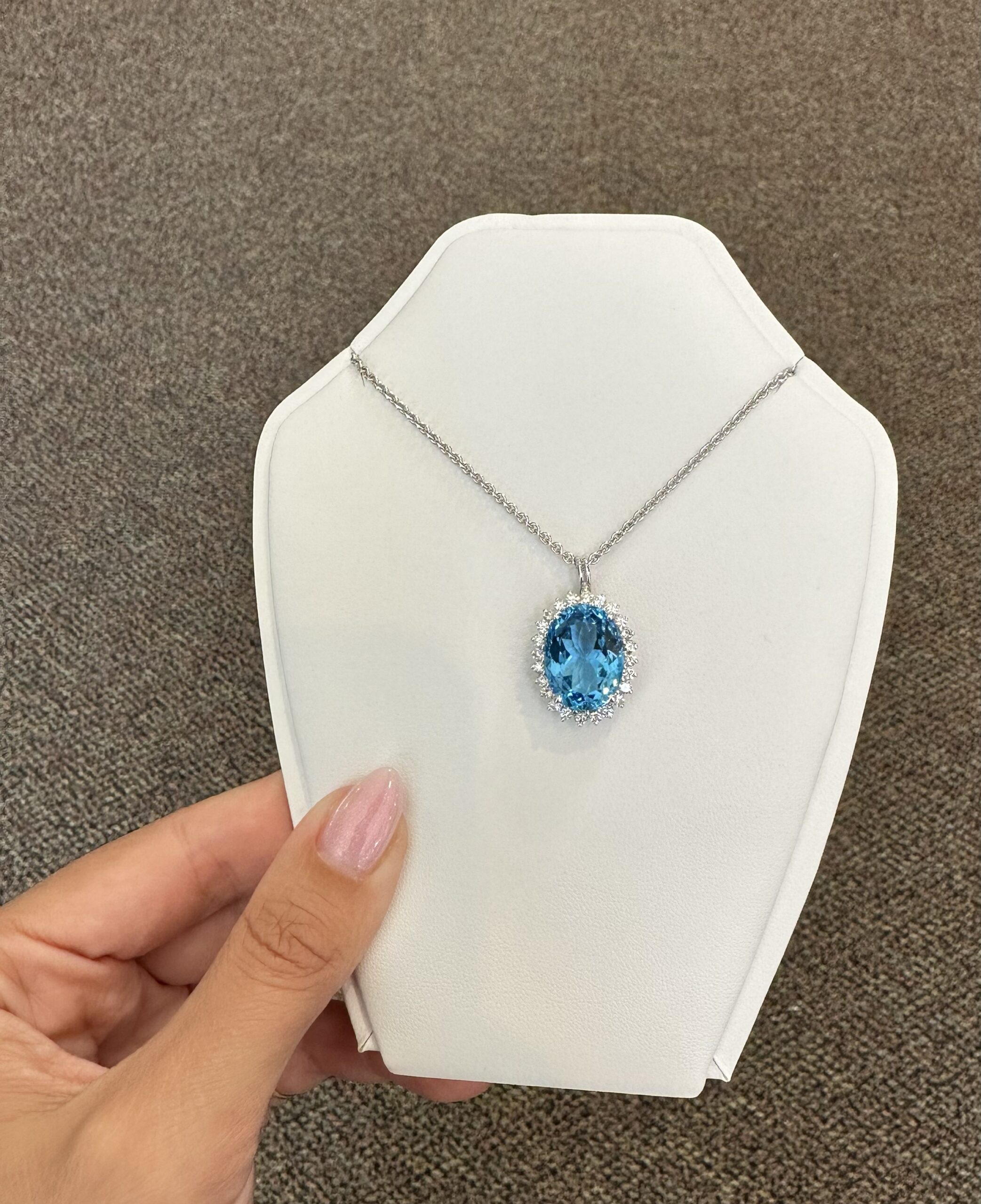 18k White Gold Genuine Blue Topaz & 3/4 Cttw Round Brilliant Cut Diamond Cluster Pendant - Image 2
