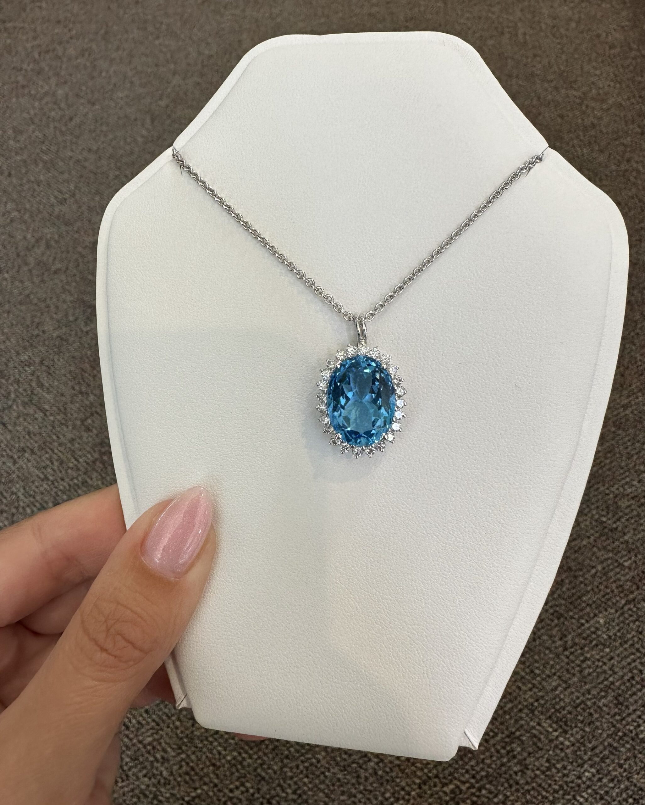 18k White Gold Genuine Blue Topaz & 3/4 Cttw Round Brilliant Cut Diamond Cluster Pendant - Image 4