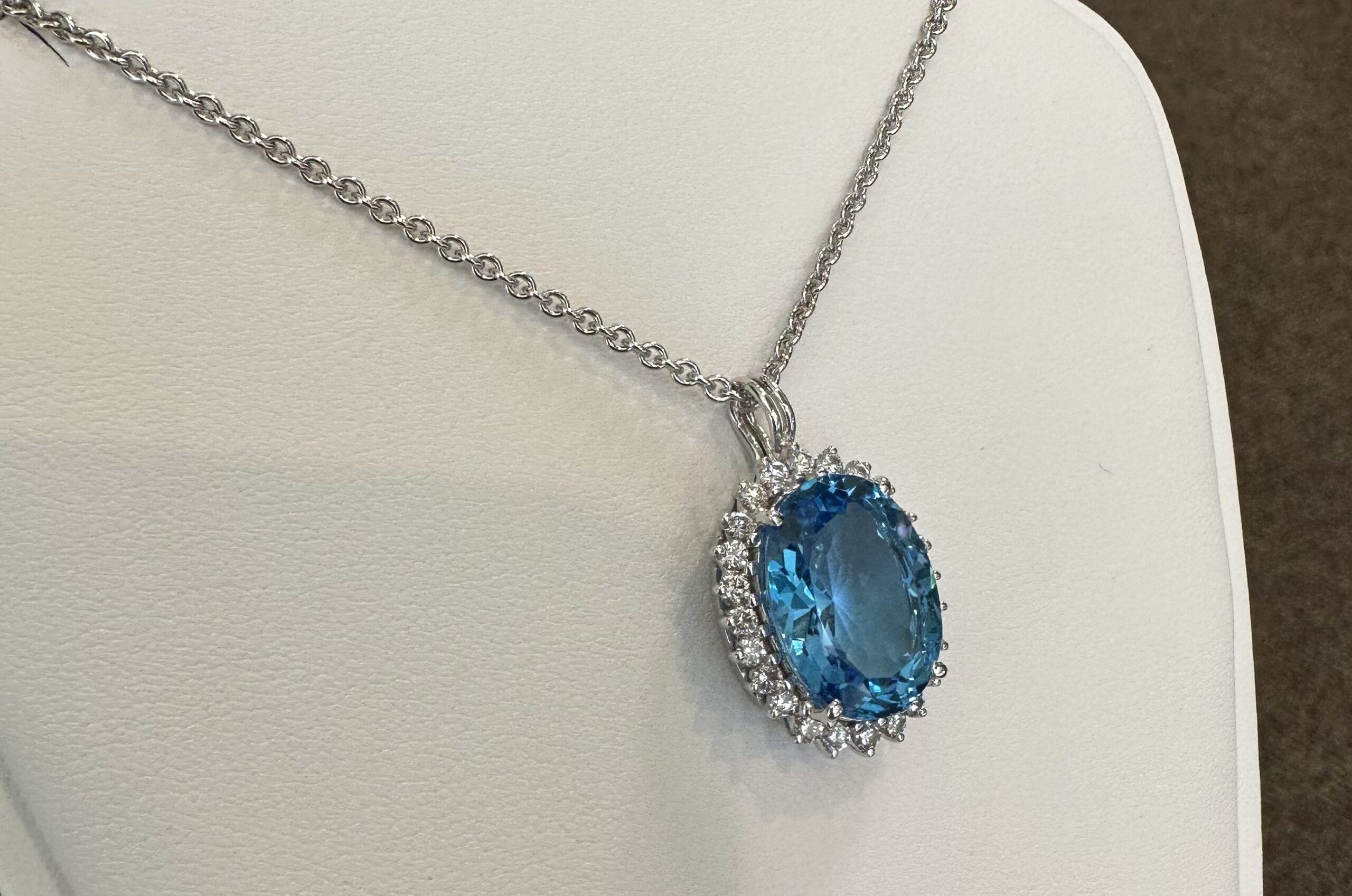 18k White Gold Genuine Blue Topaz & 3/4 Cttw Round Brilliant Cut Diamond Cluster Pendant - Image 5