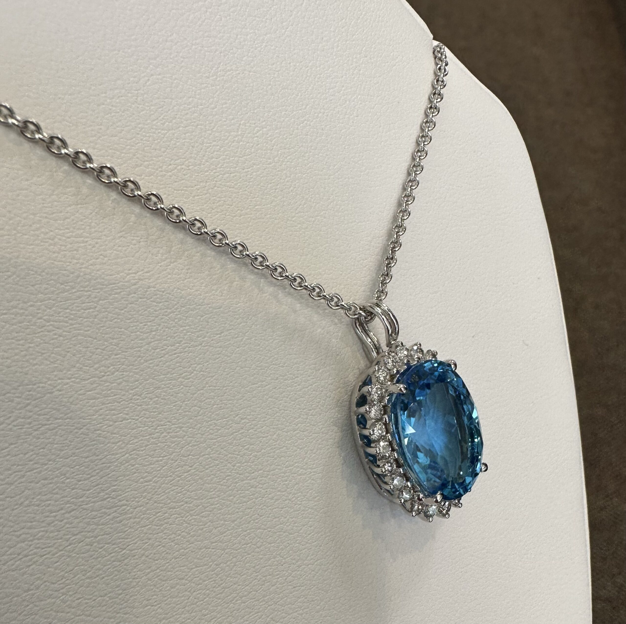 18k White Gold Genuine Blue Topaz & 3/4 Cttw Round Brilliant Cut Diamond Cluster Pendant - Image 6