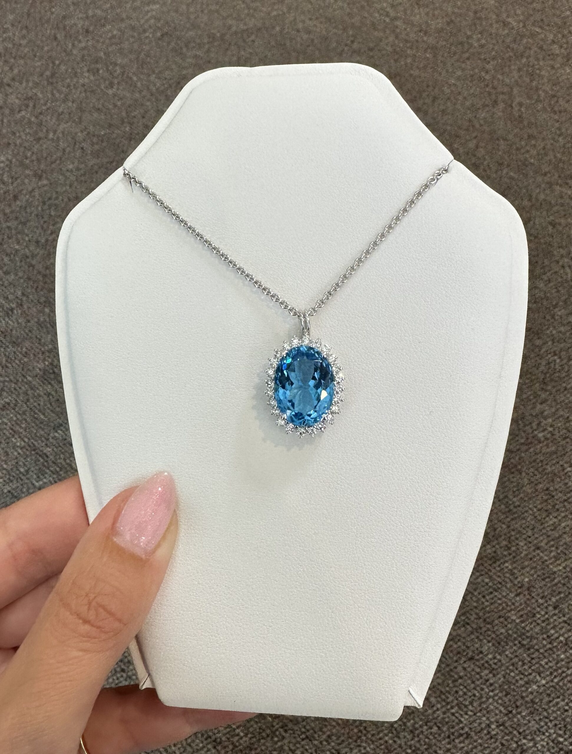 18k White Gold Genuine Blue Topaz & 3/4 Cttw Round Brilliant Cut Diamond Cluster Pendant - Image 8