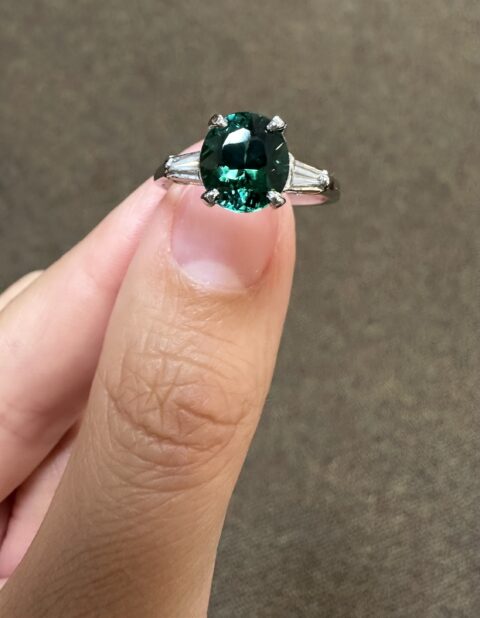 14k White Gold Genuine 1.95 Carat Green Tourmaline & Diamond Ring