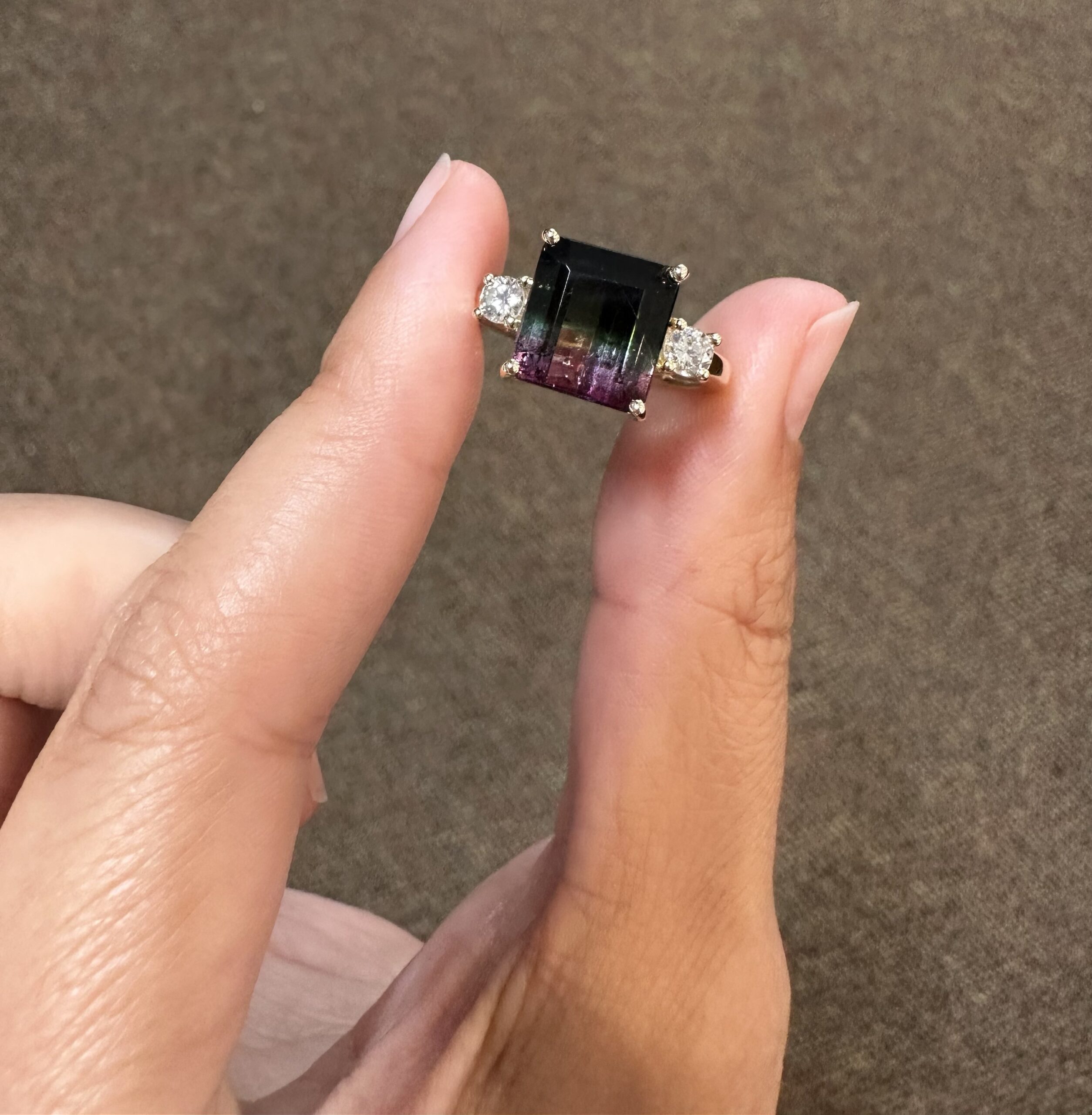 14k Yellow Gold Genuine 4.53 Carat Watermelon Tourmaline & Diamond Ring - Image 4