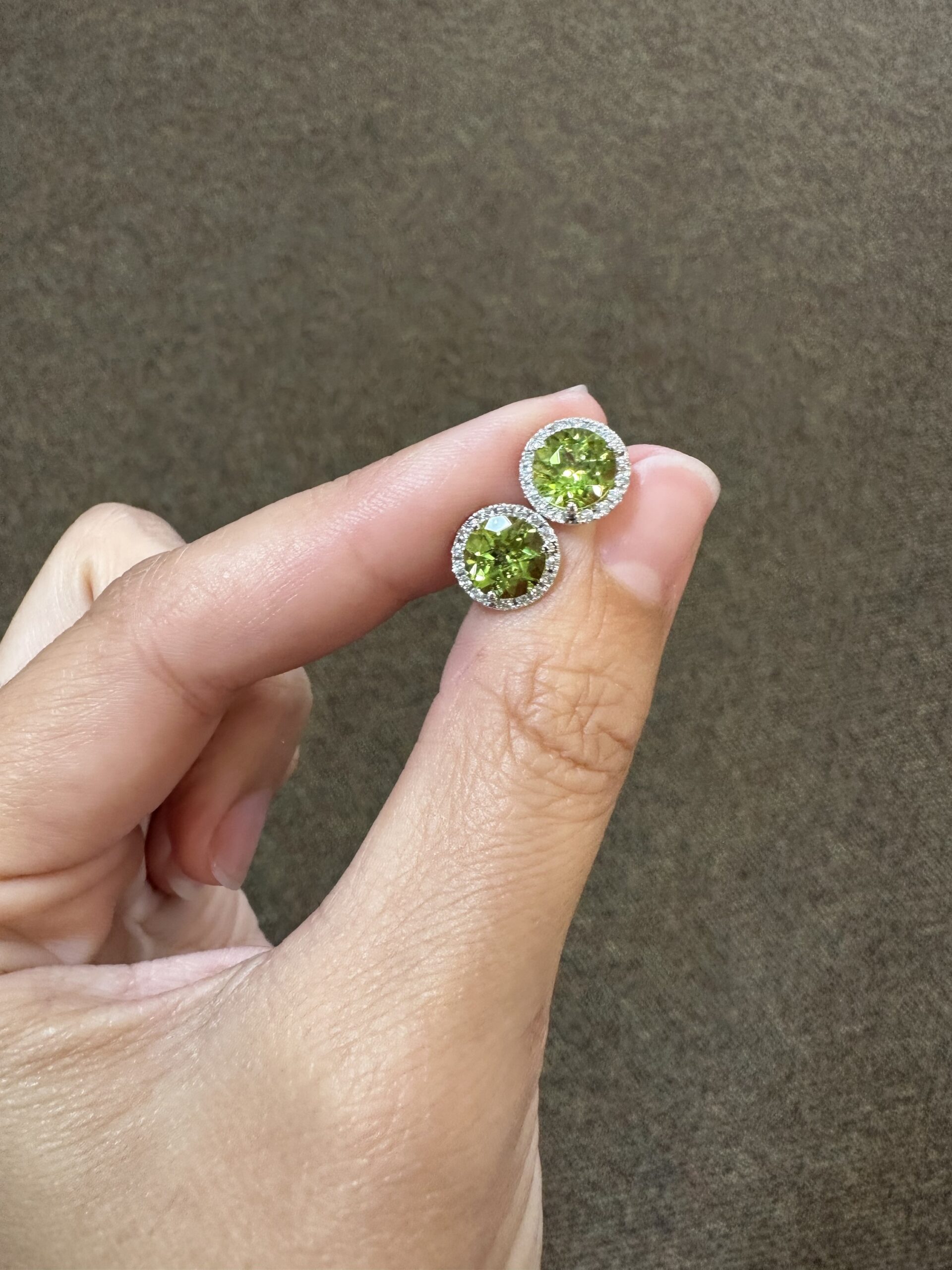 14k White Gold Genuine 2.93 Carat Peridot & Diamond Halo Stud Earrings - Image 3