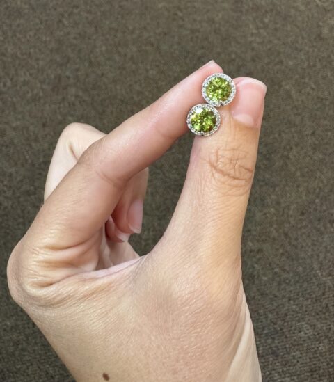 14k White Gold Genuine 2.93 Carat Peridot & Diamond Halo Stud Earrings