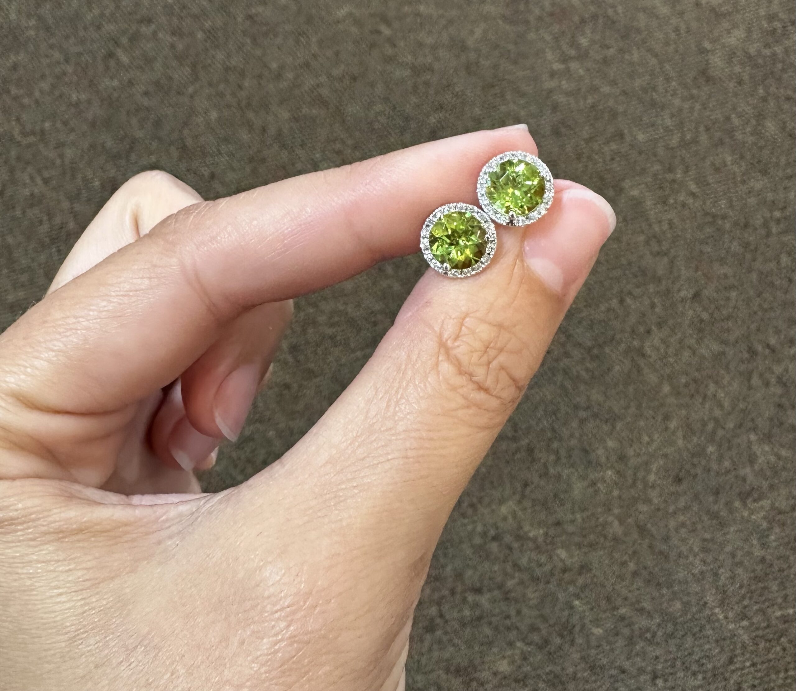 14k White Gold Genuine 2.93 Carat Peridot & Diamond Halo Stud Earrings - Image 4