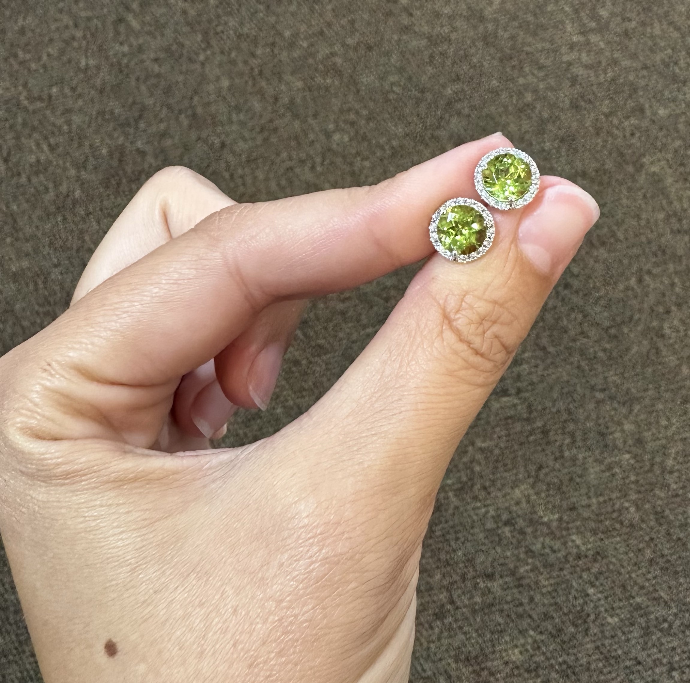 14k White Gold Genuine 2.93 Carat Peridot & Diamond Halo Stud Earrings - Image 5