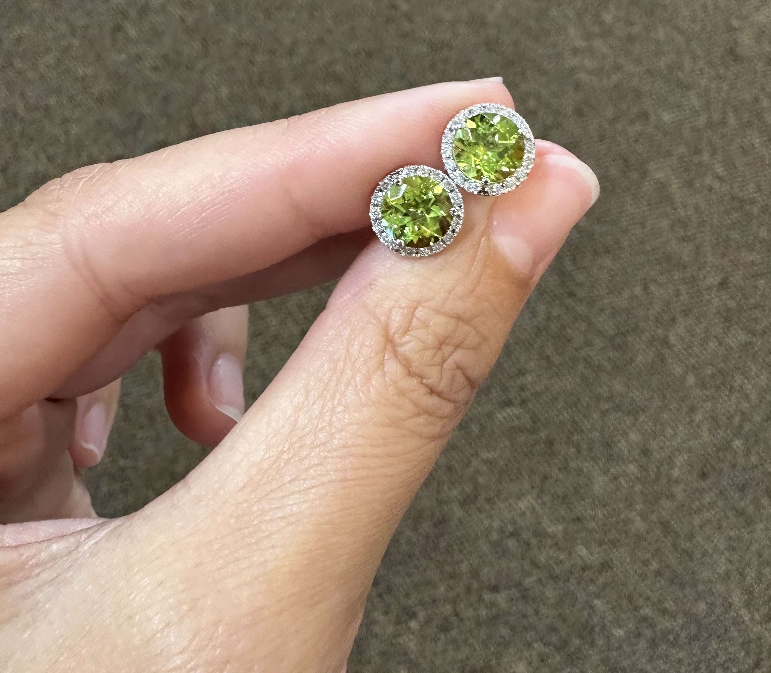 14k White Gold Genuine 2.93 Carat Peridot & Diamond Halo Stud Earrings - Image 6