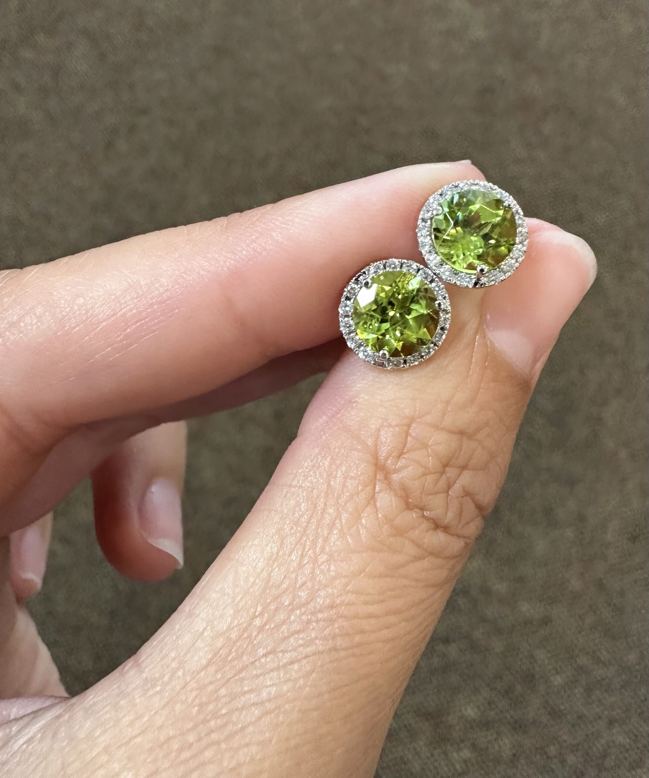 14k White Gold Genuine 2.93 Carat Peridot & Diamond Halo Stud Earrings - Image 7