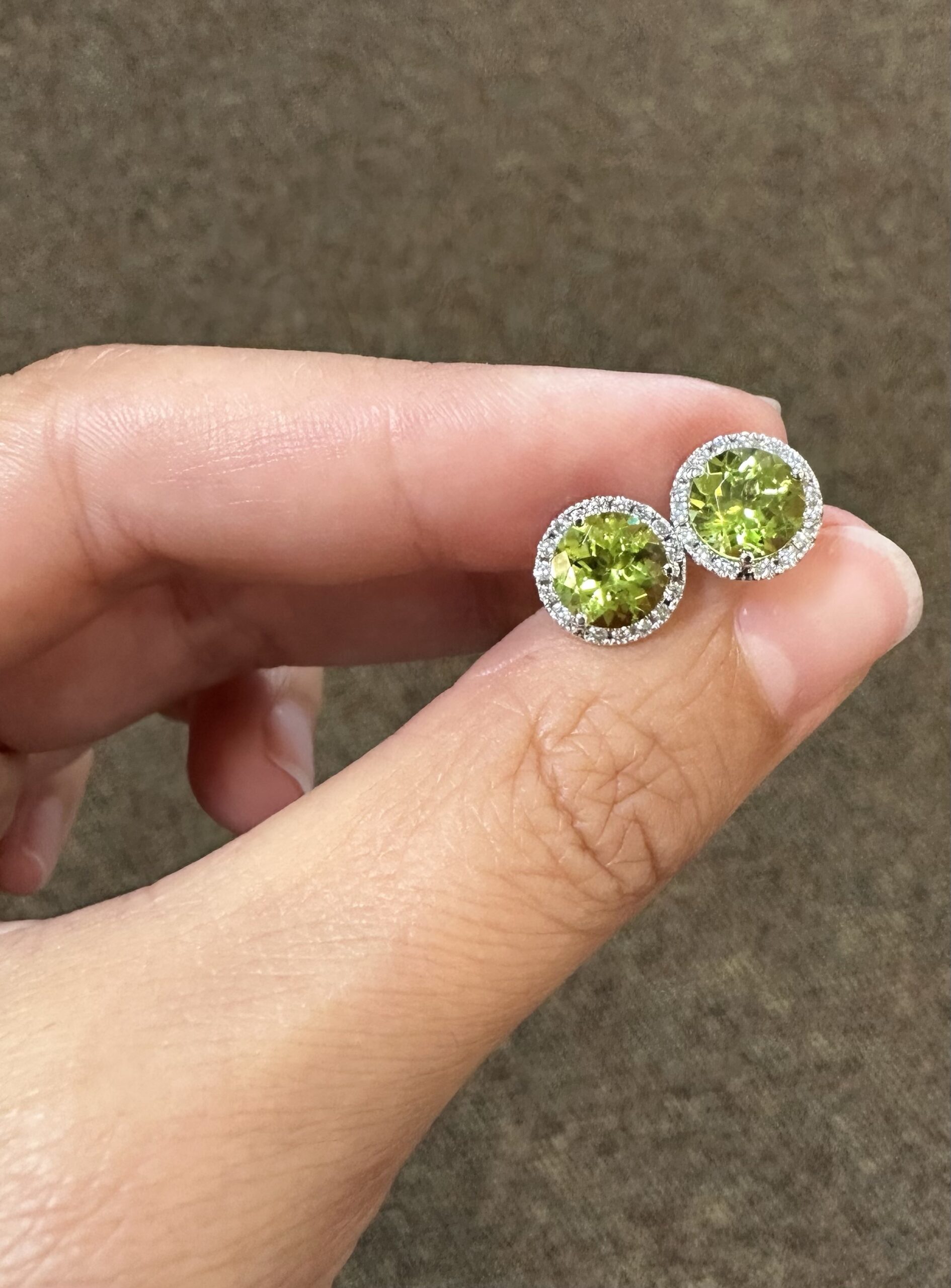 14k White Gold Genuine 2.93 Carat Peridot & Diamond Halo Stud Earrings - Image 10