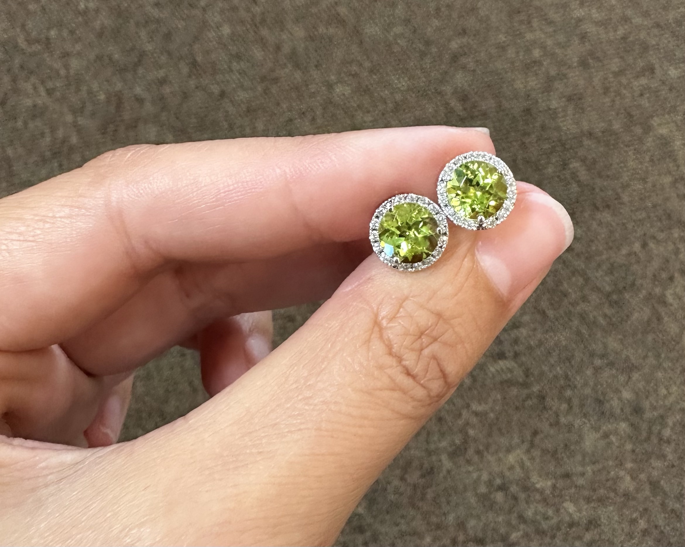 14k White Gold Genuine 2.93 Carat Peridot & Diamond Halo Stud Earrings - Image 11