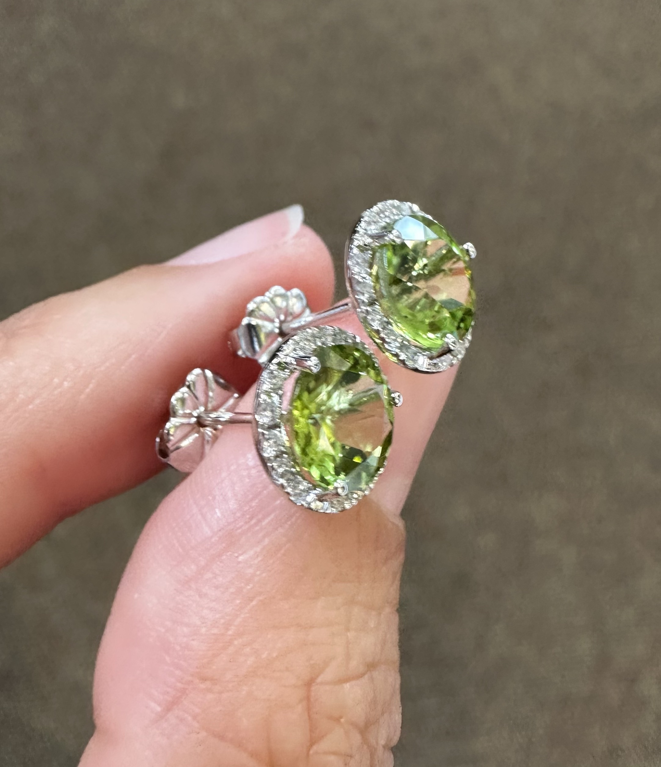 14k White Gold Genuine 2.93 Carat Peridot & Diamond Halo Stud Earrings - Image 12