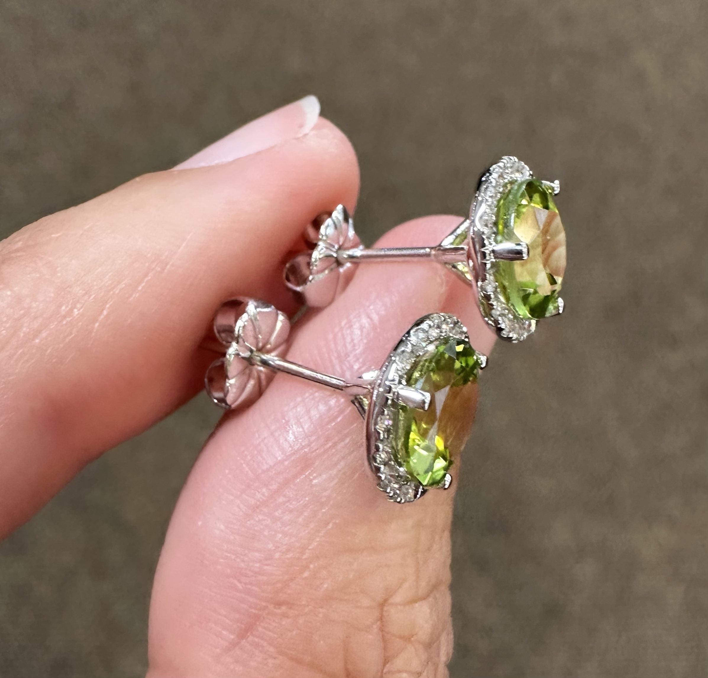 14k White Gold Genuine 2.93 Carat Peridot & Diamond Halo Stud Earrings - Image 15